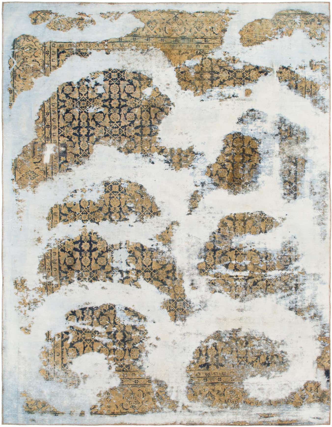 An 8x12 rectangular ivory and gold rug with a distressed Persian pattern, perfect for a living room.