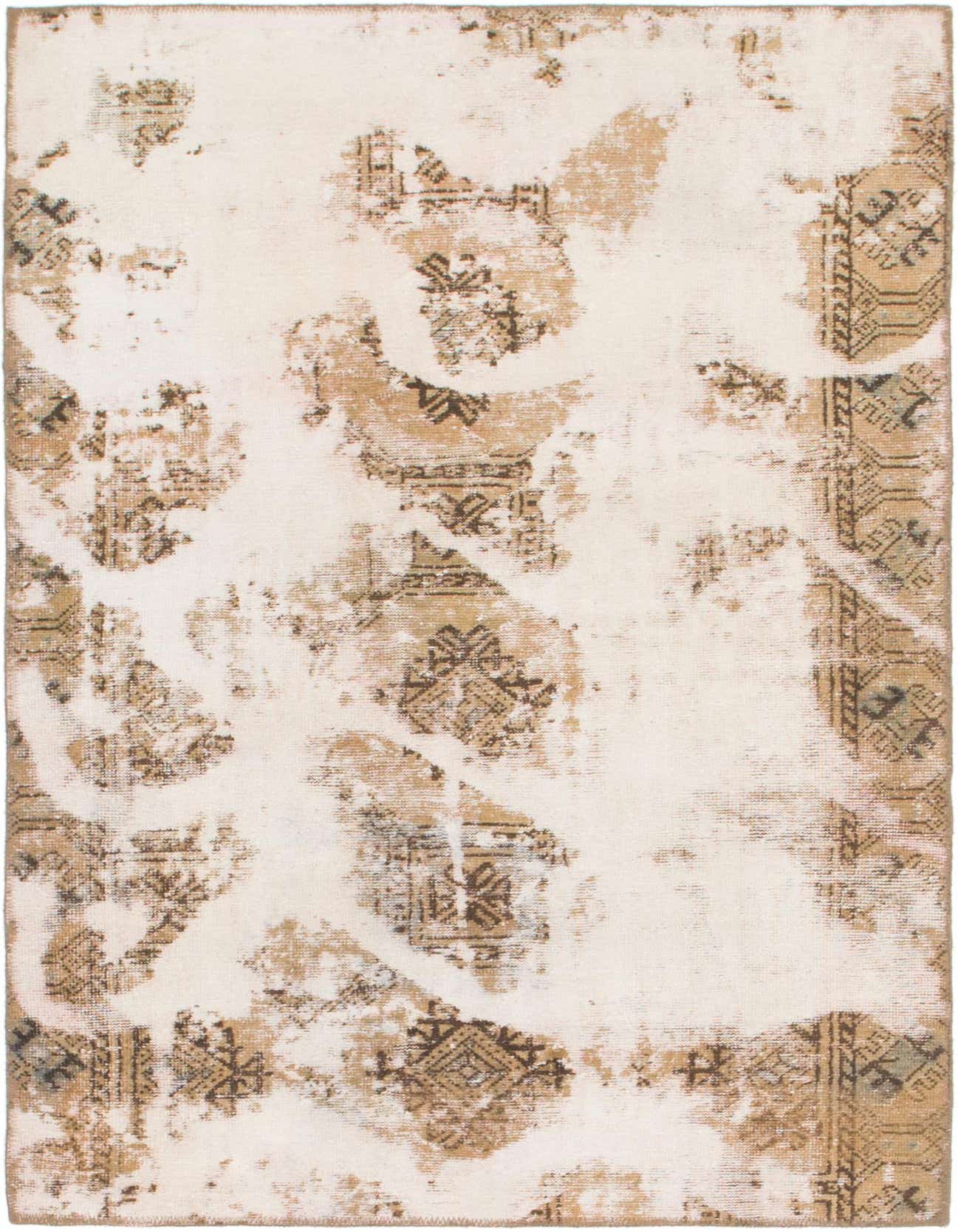 A 4x6 rectangular ivory and cream wool rug with a distressed Persian-inspired abstract pattern, suitable for indoor living spaces.