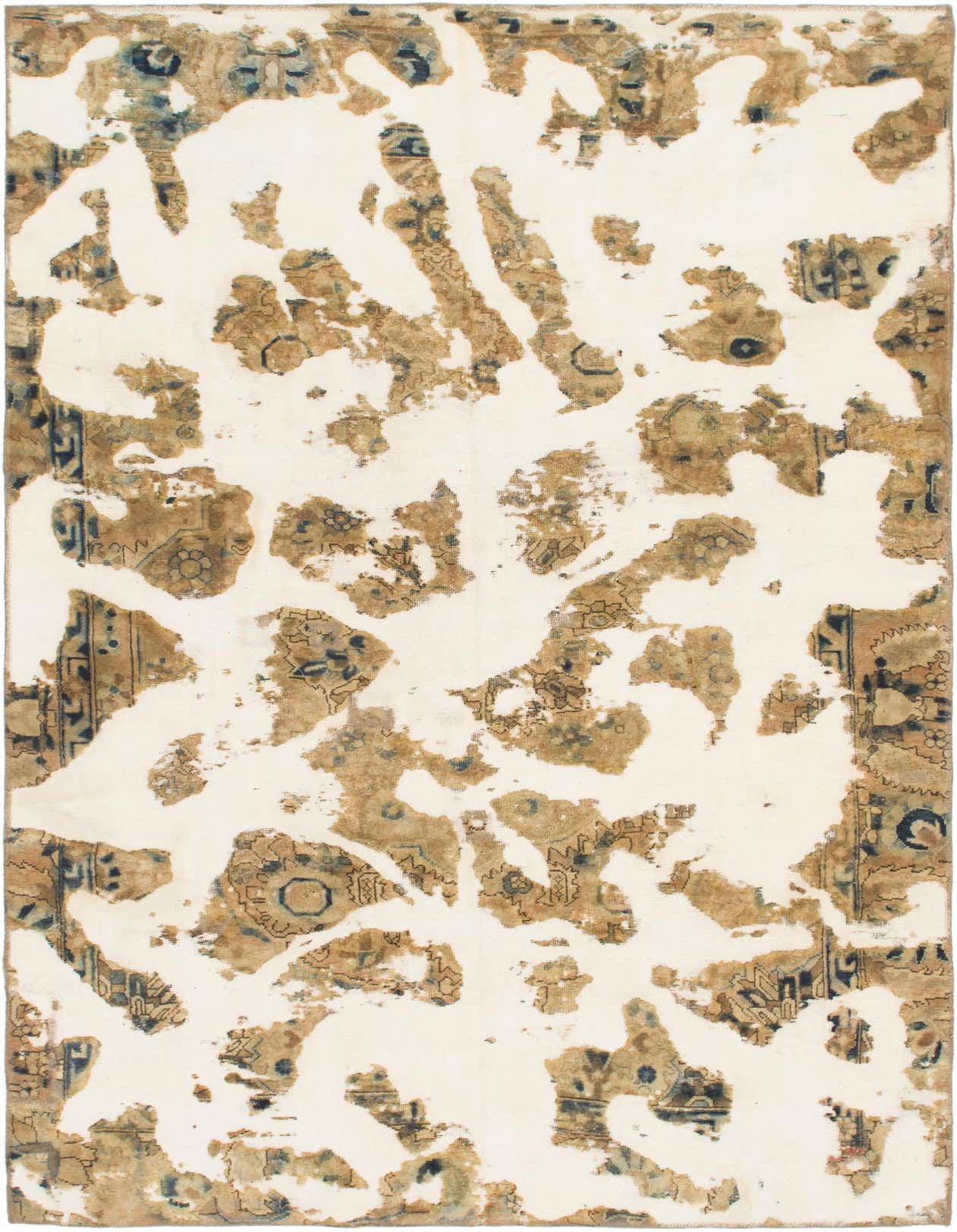 A 6x9 rectangular ivory and brown wool rug with a distressed, abstract Persian pattern, suitable for a living room.