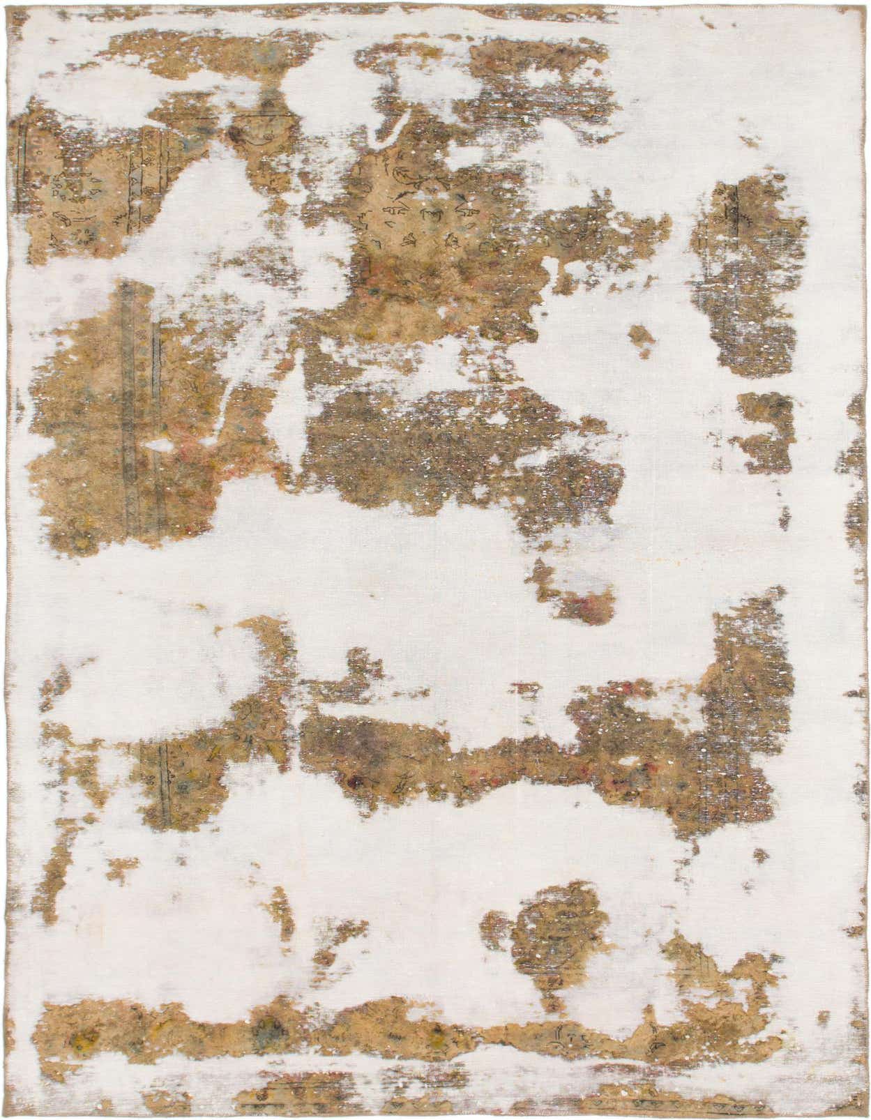 A 6x9 rectangular ivory and cream wool rug with an abstract, distressed Persian pattern, ideal for a living room.