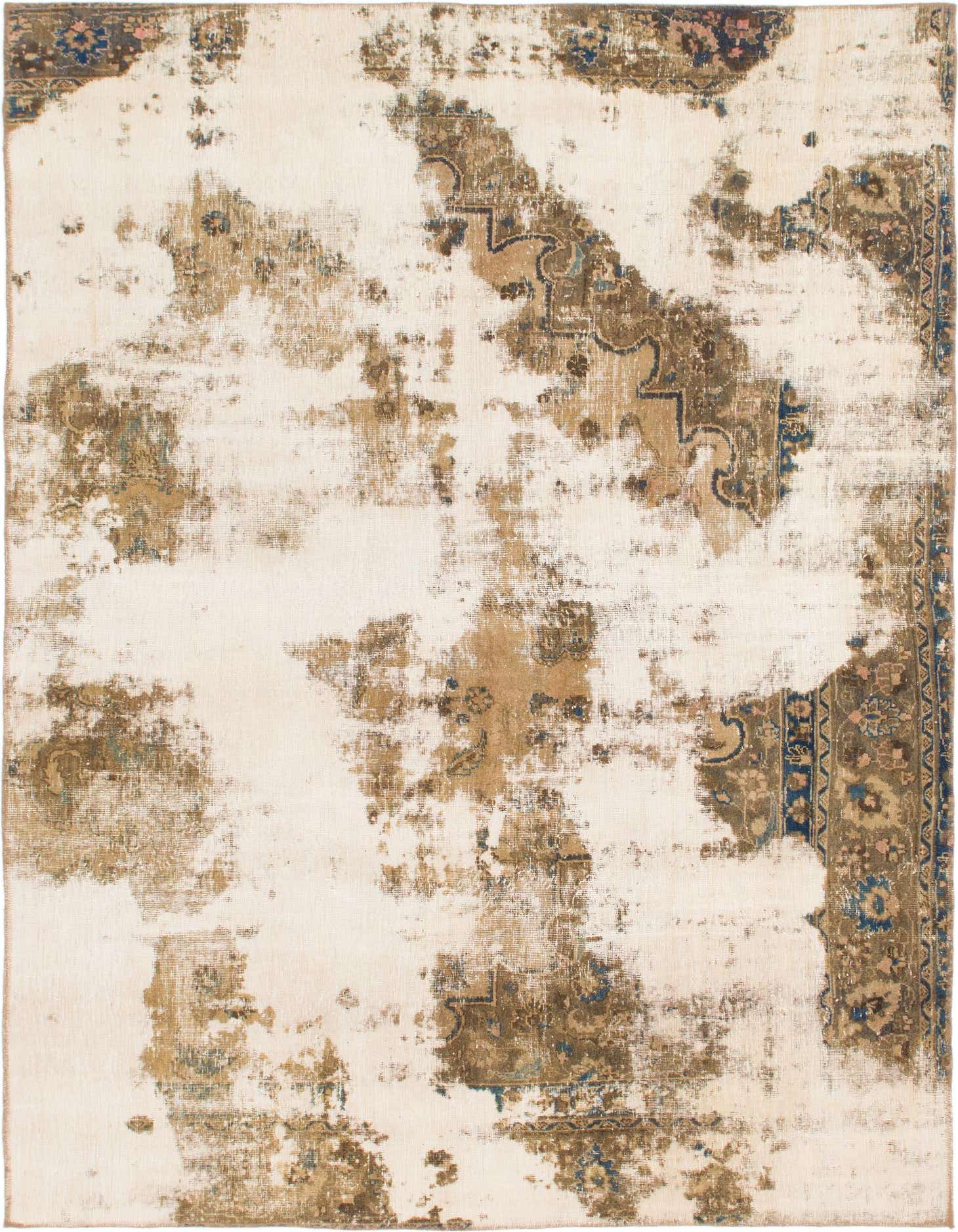 A 7x10 rectangular ivory and brown Persian-style rug with a distressed, abstract vintage pattern, suitable for a living room.