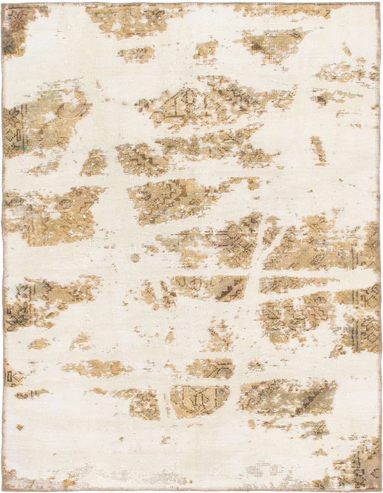A 4x6 rectangular ivory and cream rug with a distressed, abstract Persian pattern in shades of brown and beige.