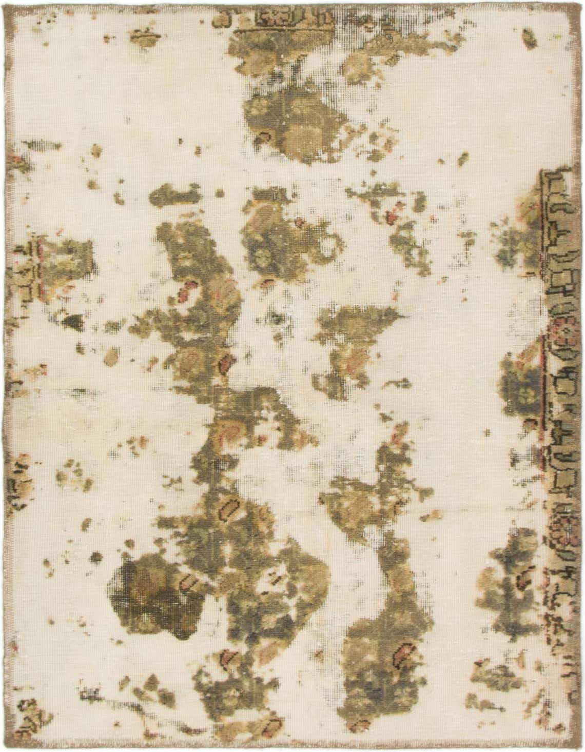 A 3x4 rectangular ivory wool rug featuring a distressed Persian-inspired pattern in muted greens, browns, and subtle reds.