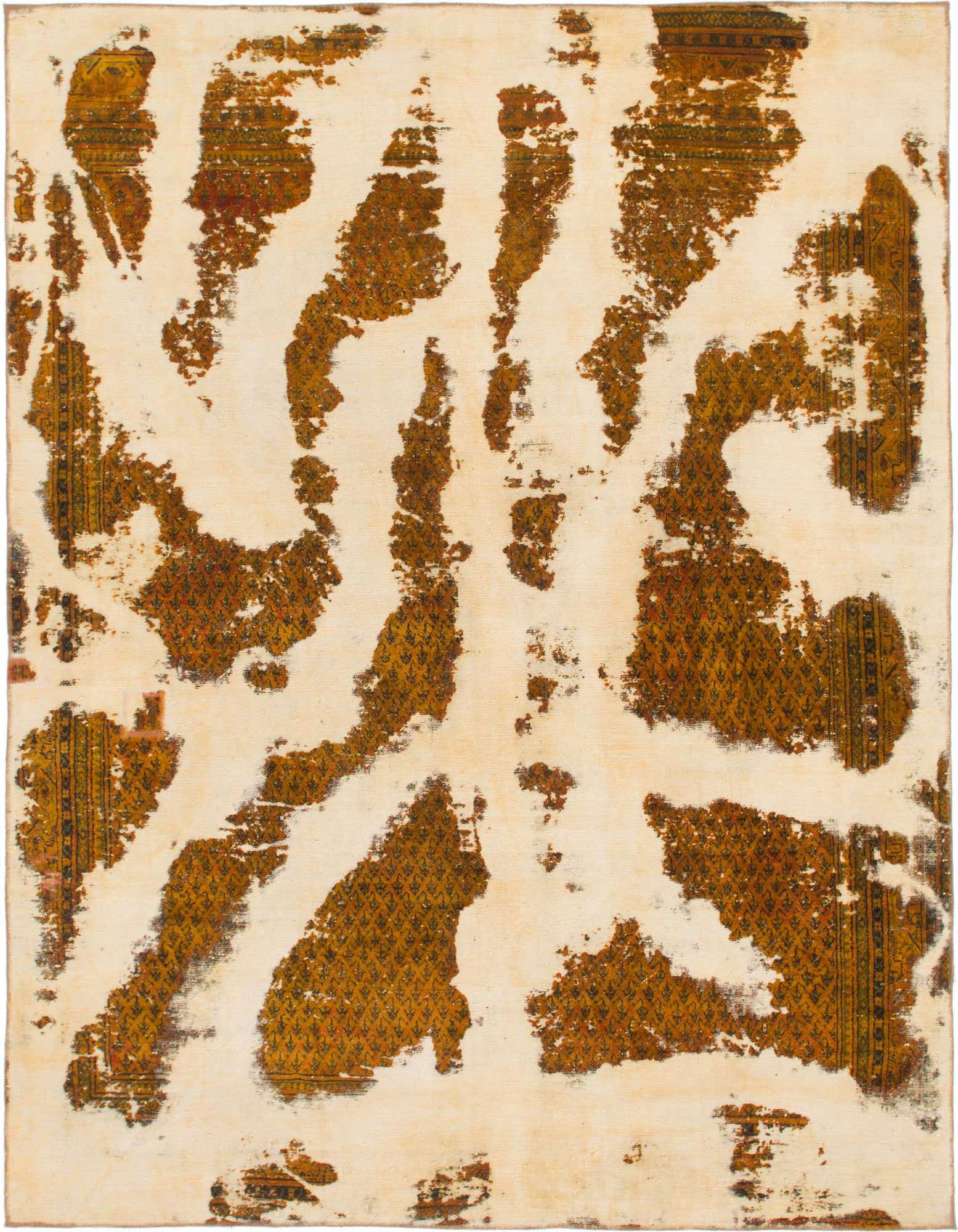 An 8x10 rectangular ivory and brown Persian rug with a distressed, modern vintage pattern, ideal for a living room.