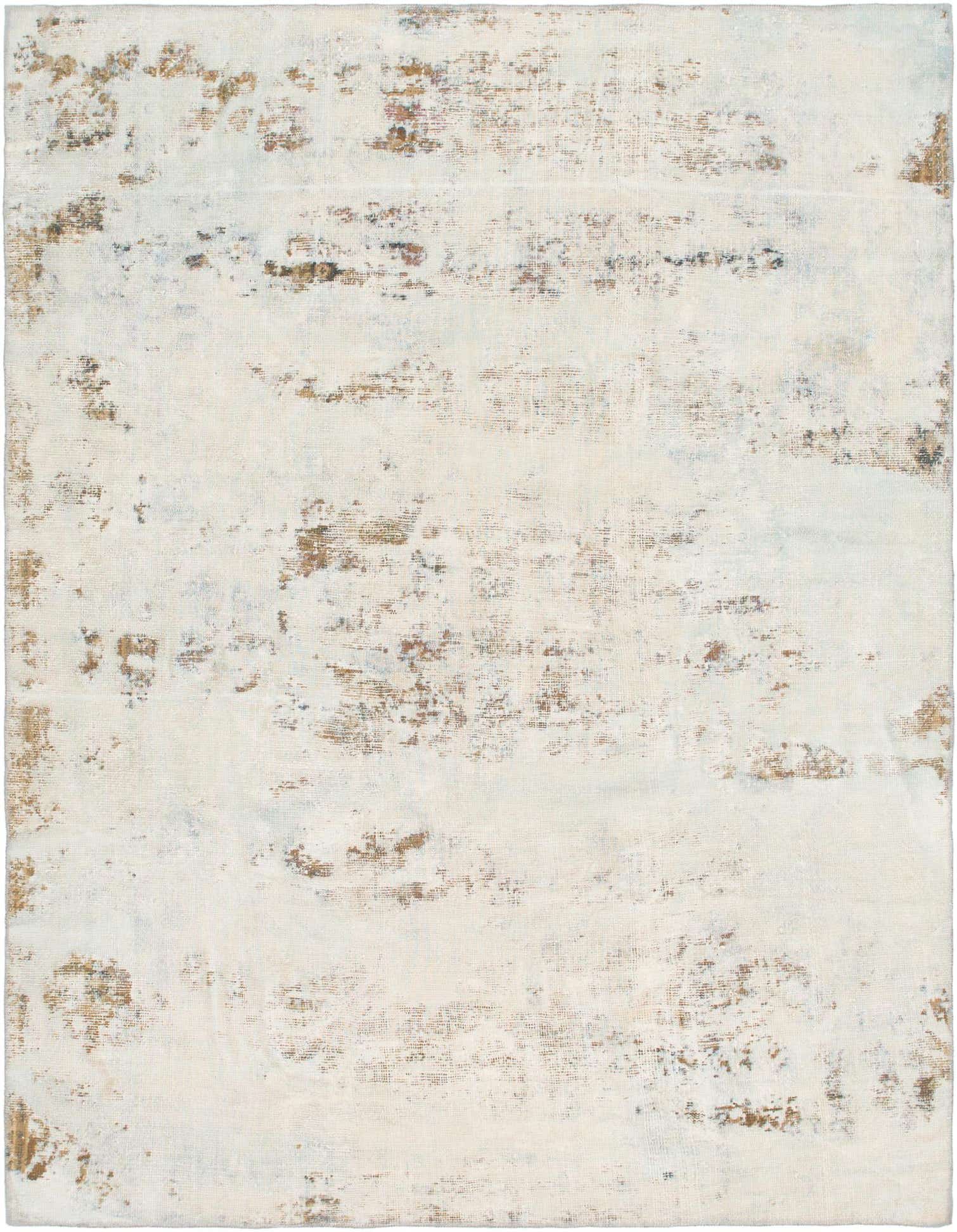 A 6x9 rectangular ivory and cream wool rug with a distressed, abstract vintage Persian pattern, suitable for a living room.