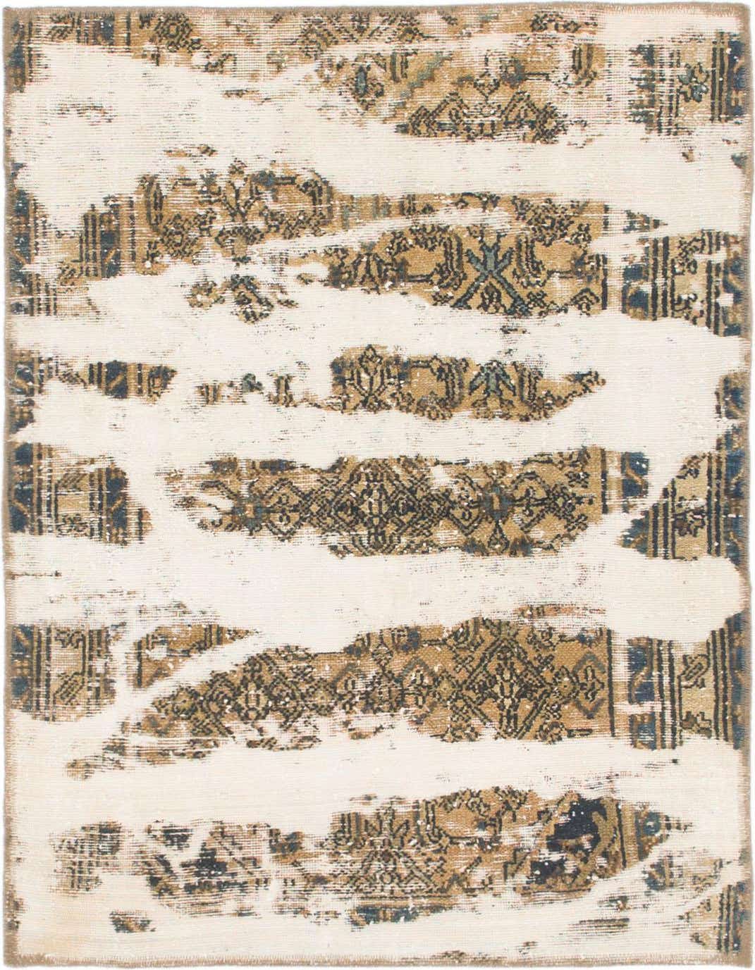 A 3x5 rectangular Ultra Vintage rug featuring a distressed Persian pattern in ivories, creams, and muted gold tones.