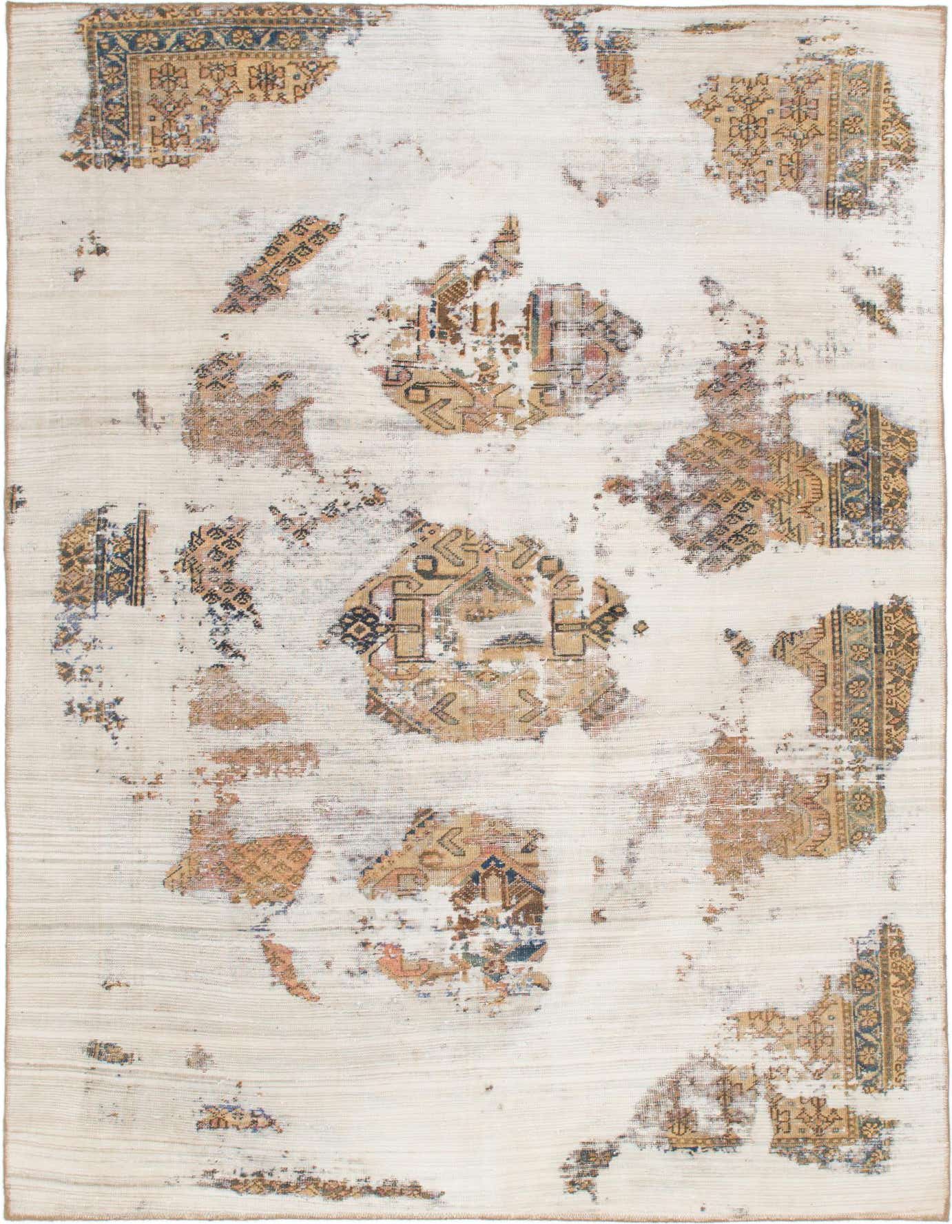 A 6x9 rectangular ivory and cream flatweave wool rug with distressed, abstract patches of traditional oriental patterns.