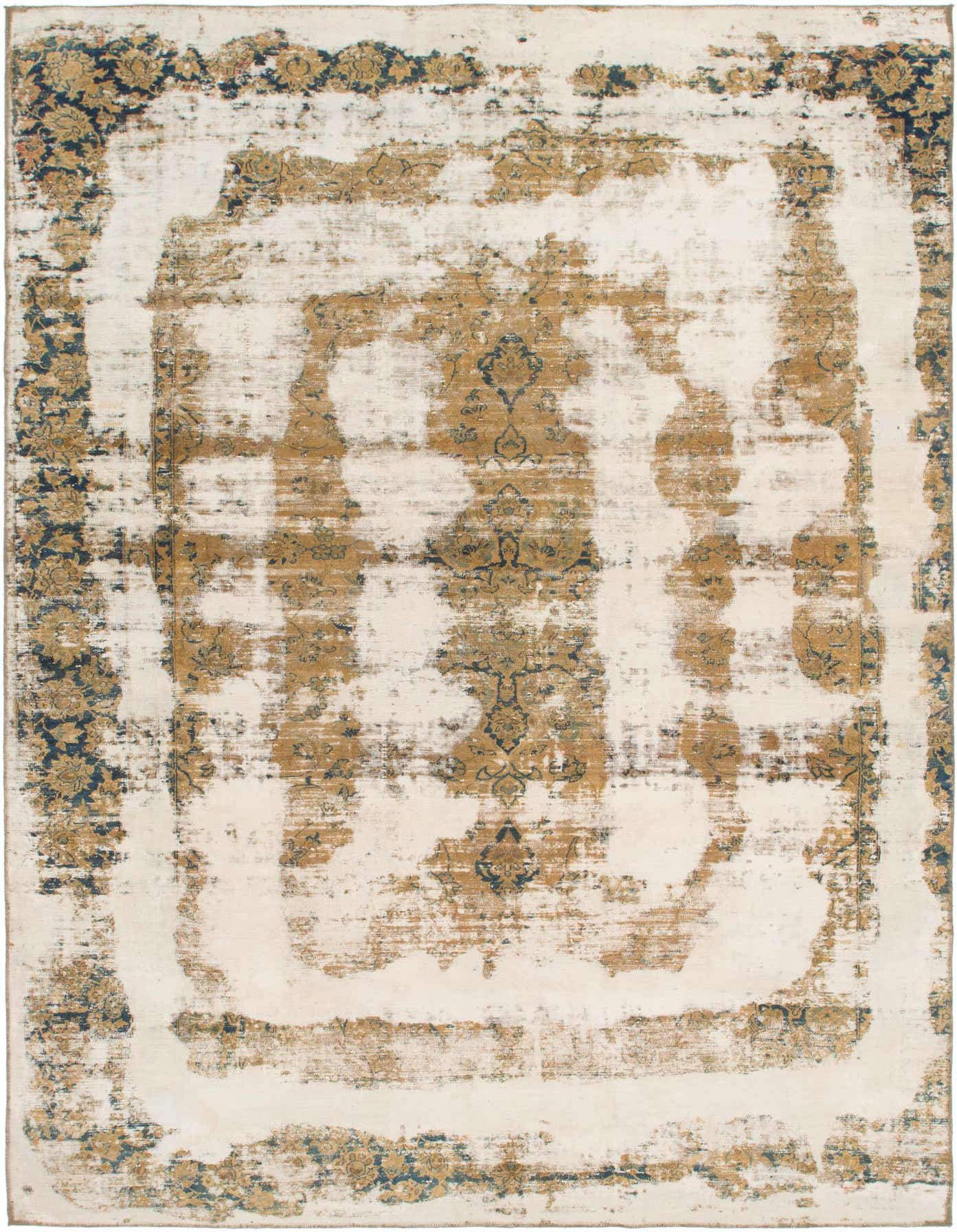 A rectangular 8x12 Ultra Vintage rug featuring an ivory and cream distressed Persian pattern with subtle gold and dark blue accents.