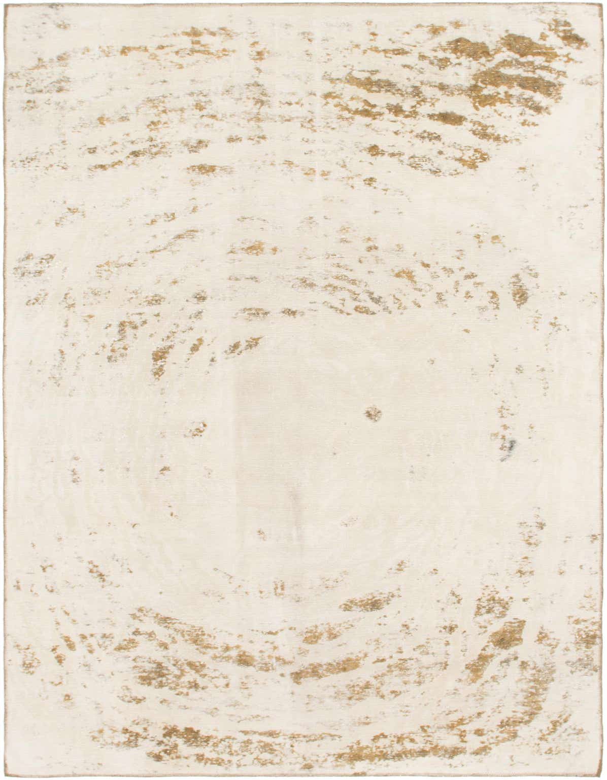 A 7x10 rectangular ivory wool rug with a distressed gold abstract pattern, suitable for a living room.
