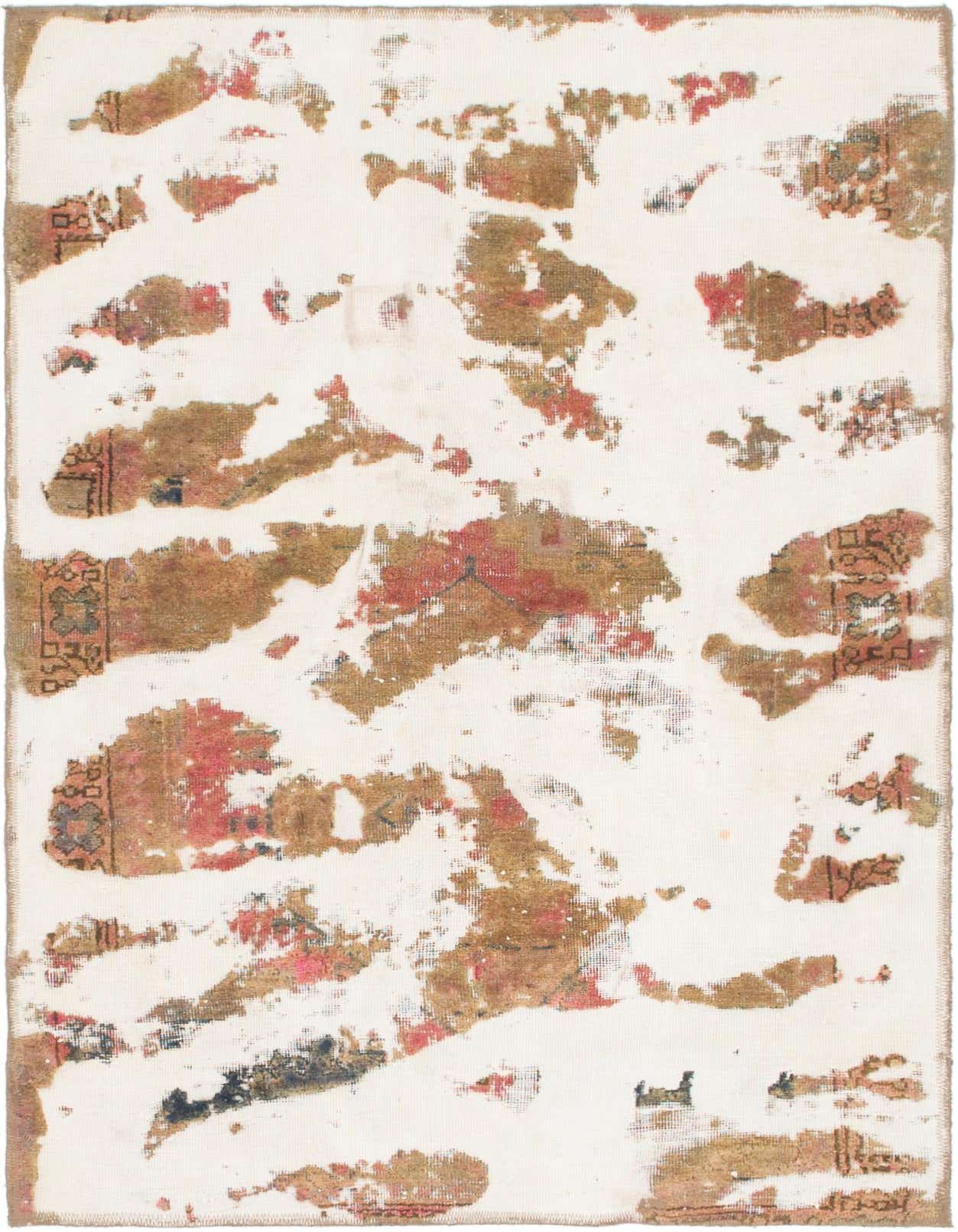 A 4x6 rectangular ivory wool rug with an abstract, distressed Persian pattern in muted reds, browns, and creams.