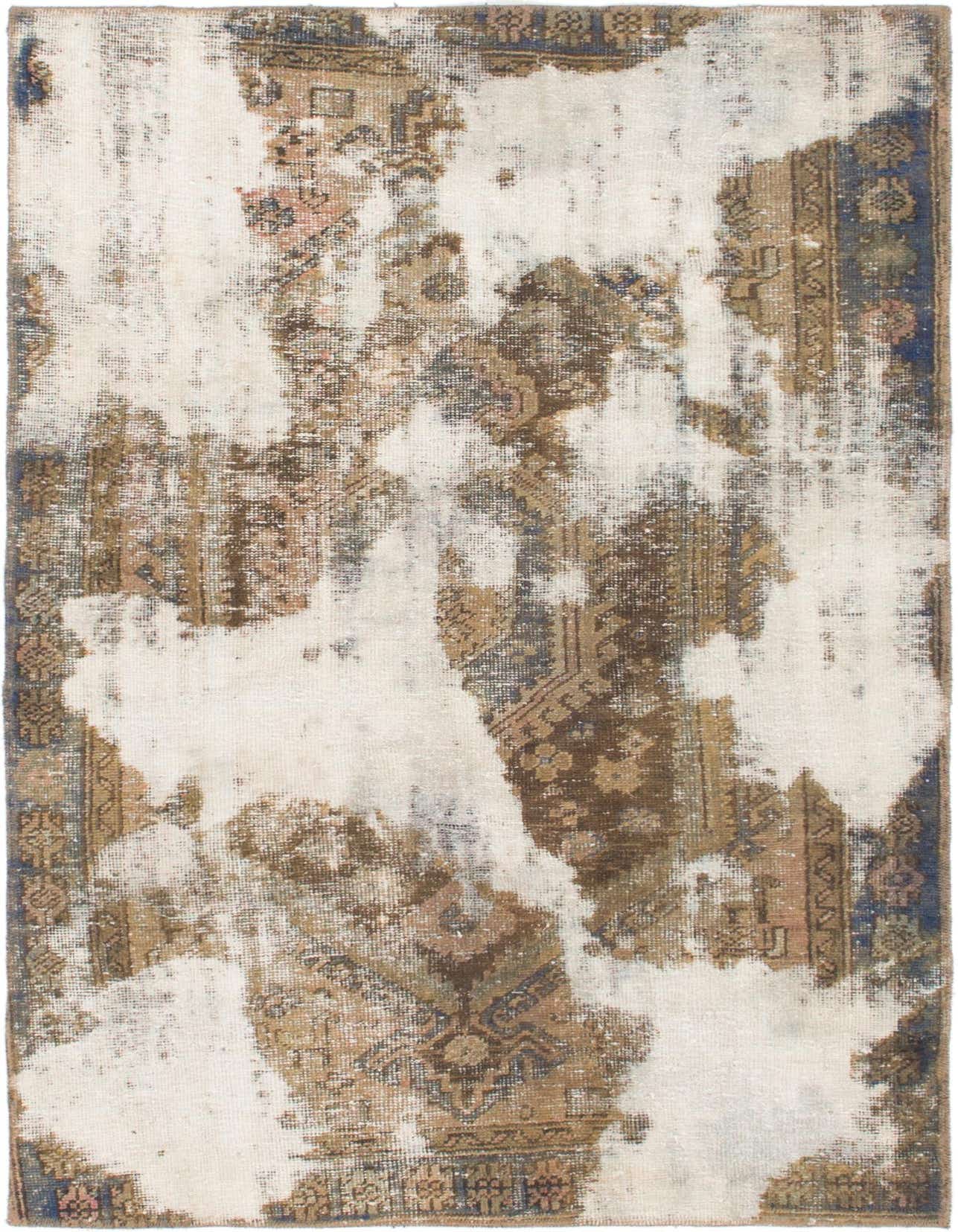 A 4x6 rectangular Ultra Vintage rug featuring an abstract, distressed Persian pattern in shades of ivory, cream, brown, and blue.