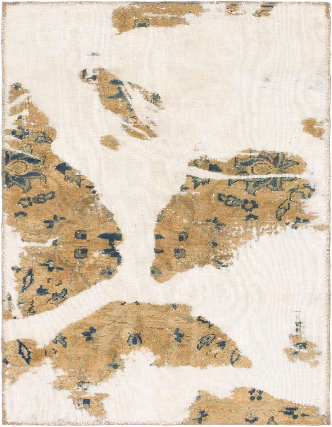 A 3x5 rectangular ivory and gold rug with a distressed Persian pattern, suitable for a kitchen or entryway.