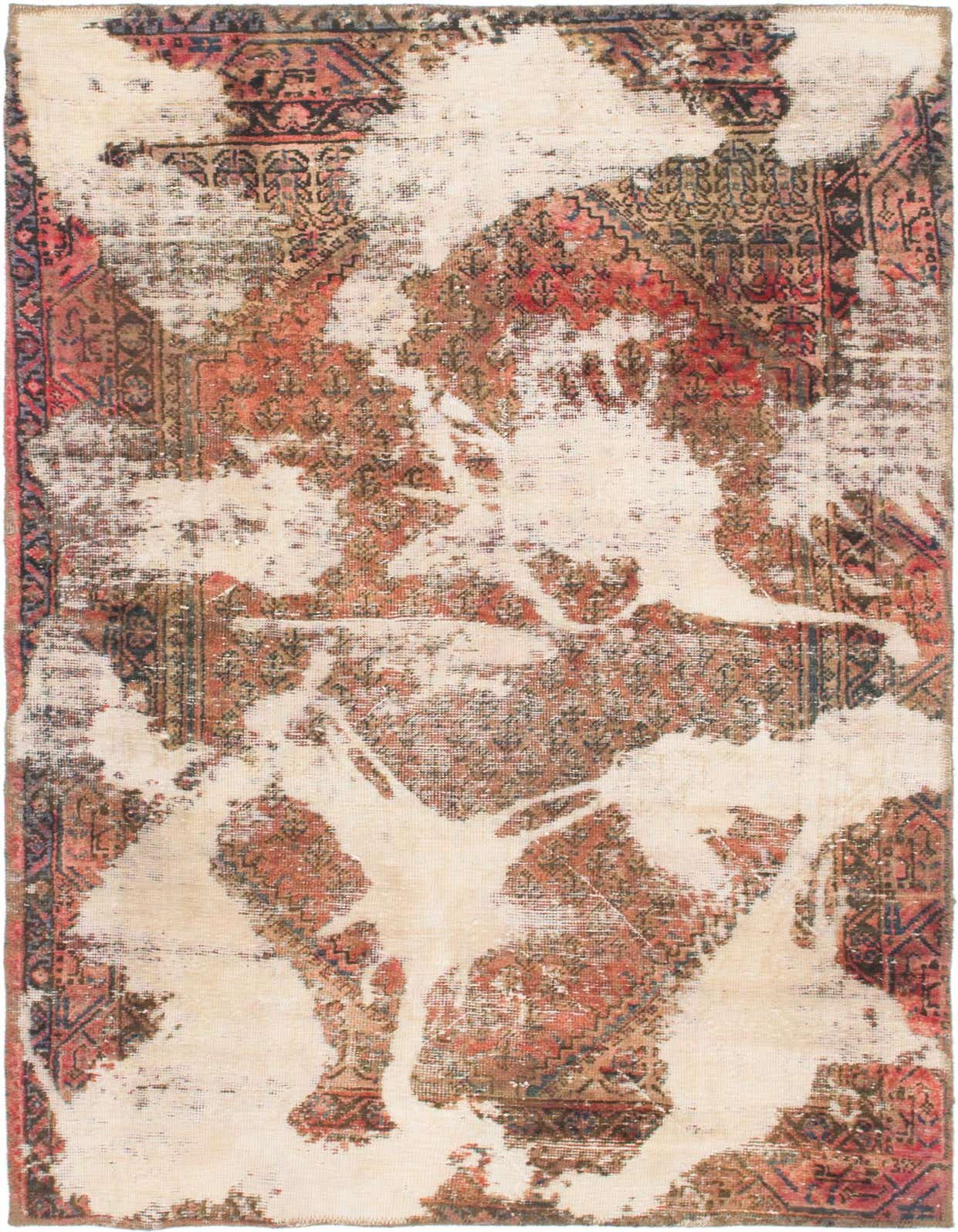 A 4x6 rectangular ivory and red Persian-style rug with a distressed, abstract pattern, suitable for a living room.
