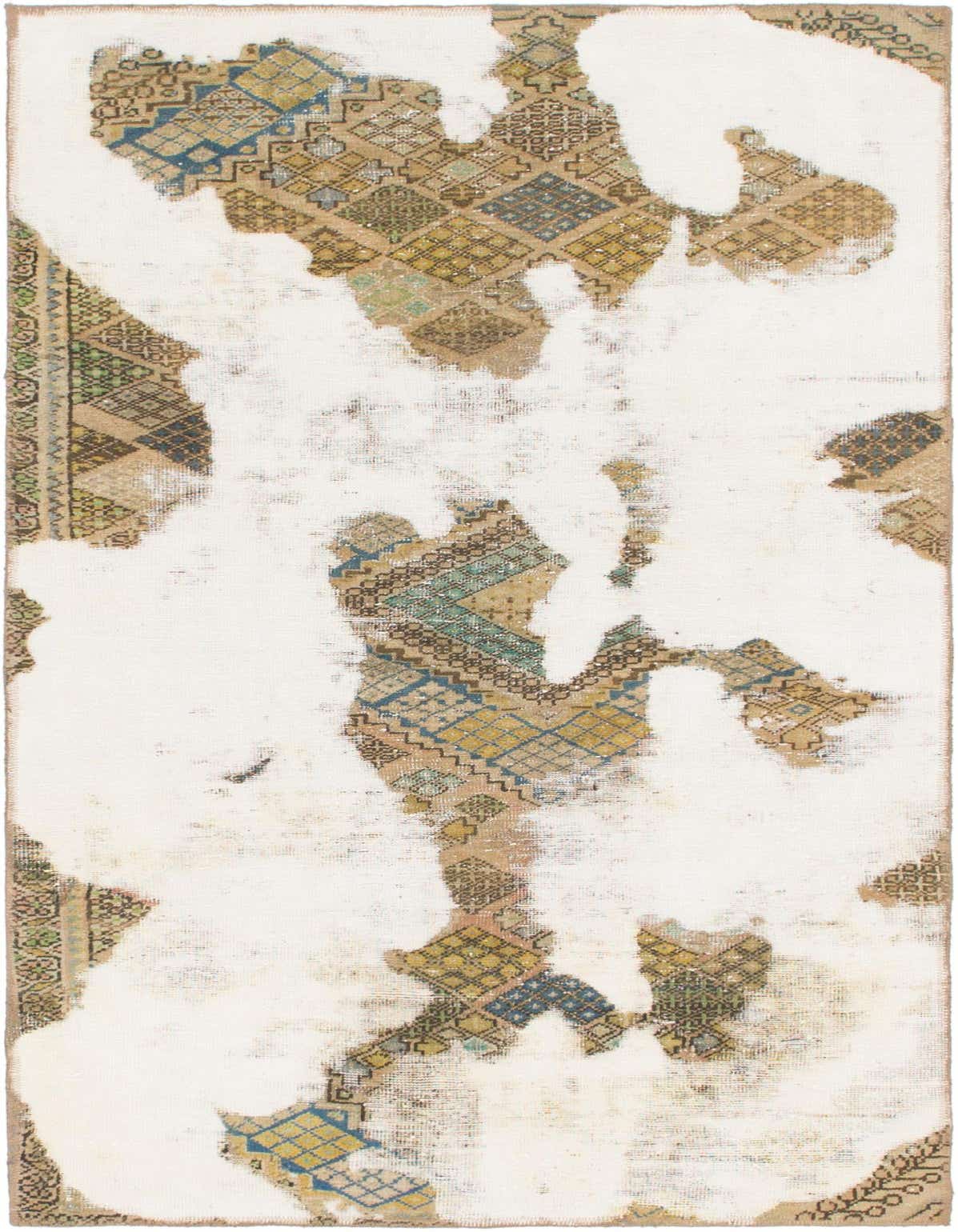 A 4x6 rectangular Ultra Vintage rug featuring an abstract, distressed Persian pattern in ivories, creams, blues, and browns.