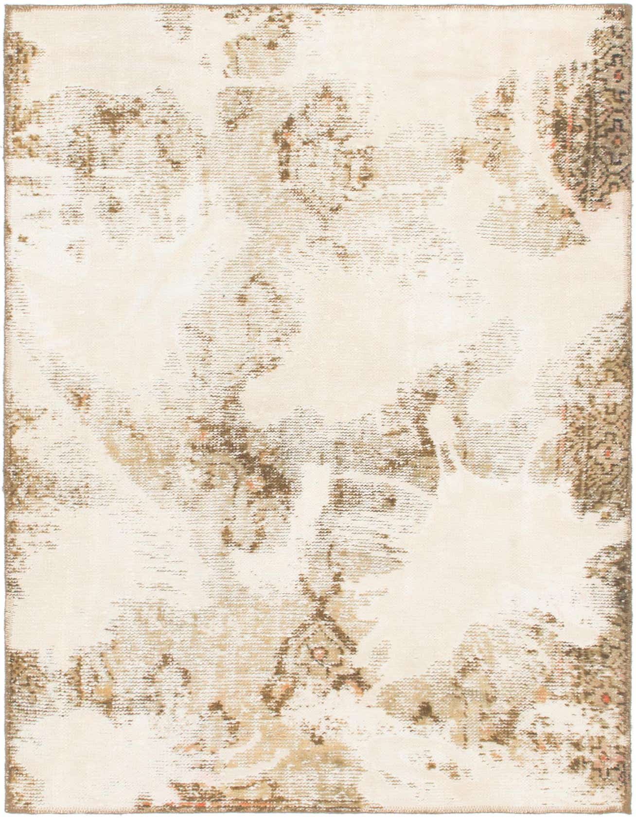 A 4x6 rectangular ivory wool rug with a distressed, abstract Persian pattern in muted browns and creams.