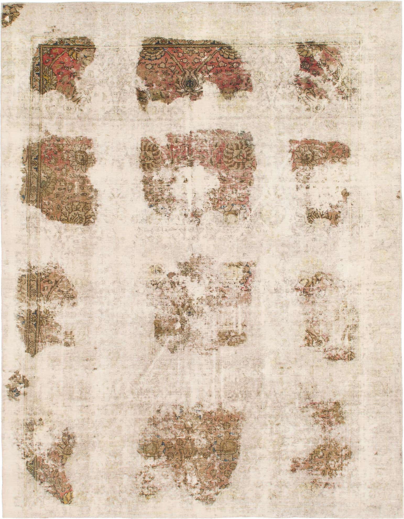 A 9x12 rectangular ivory and cream rug with distressed Persian patterns in muted reds and greens, suitable for a living room.