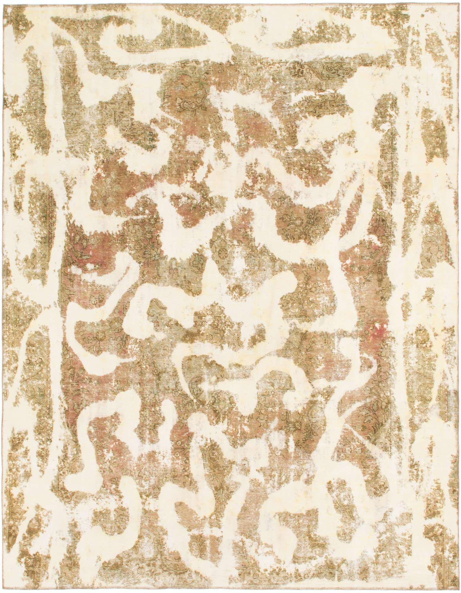 A 9x11 rectangular Ultra Vintage wool rug featuring an abstract ivory pattern over a distressed, muted green and cream background.
