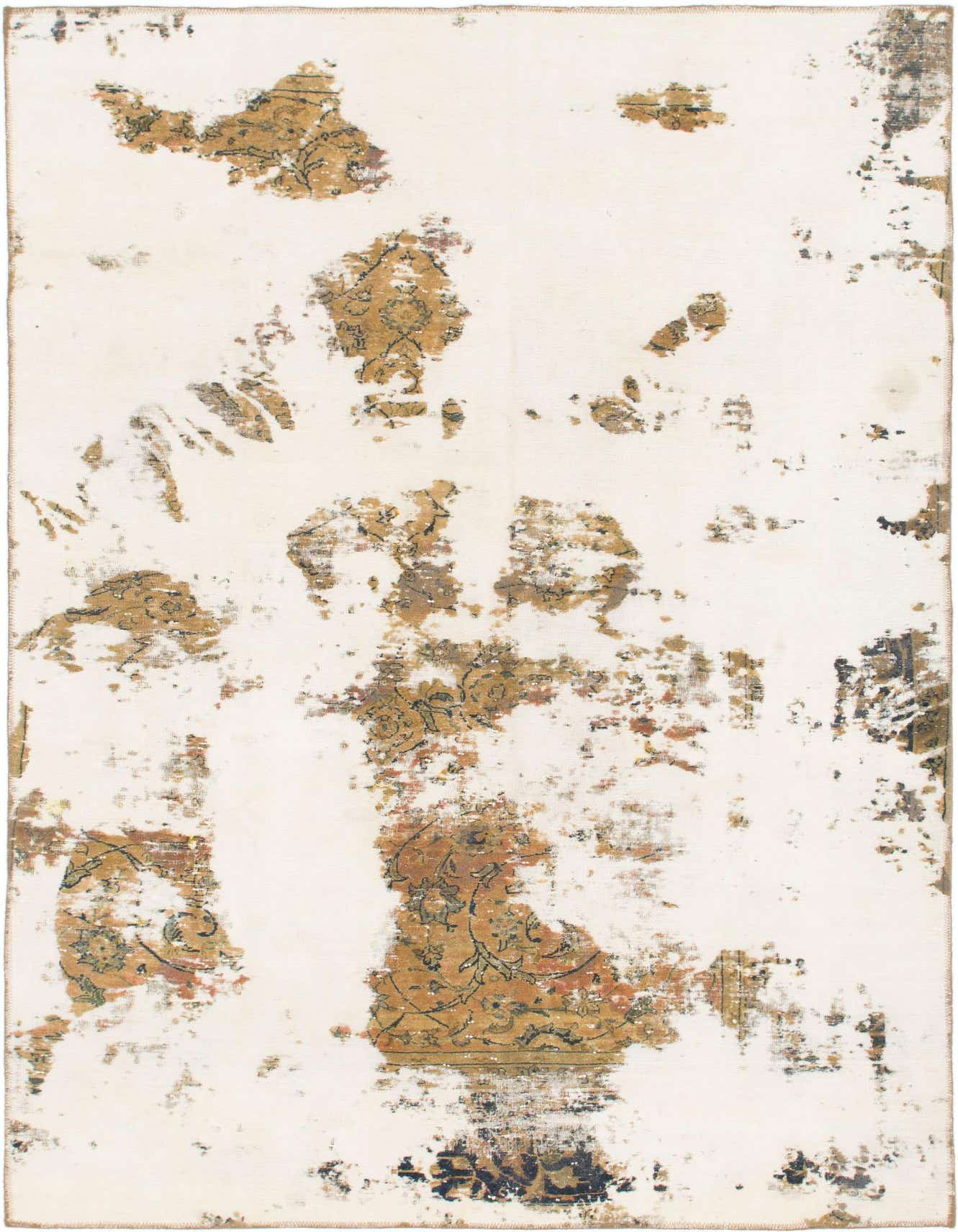 A 6x9 rectangular ivory wool area rug with a distressed, abstract Persian pattern in gold and black, suitable for a living room.