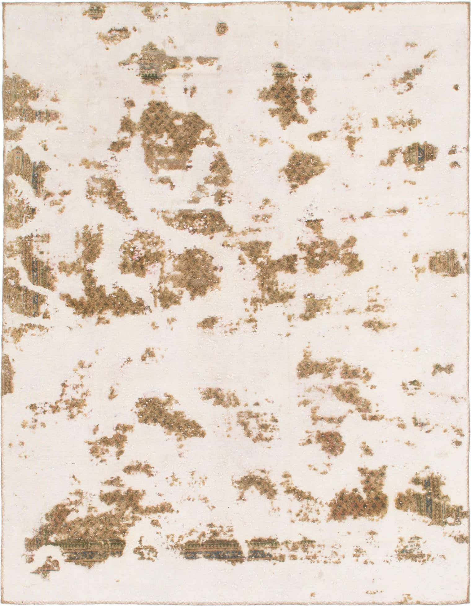 A 7x10 rectangular ivory and cream wool rug with a distressed, abstract Persian pattern, suitable for a living room.