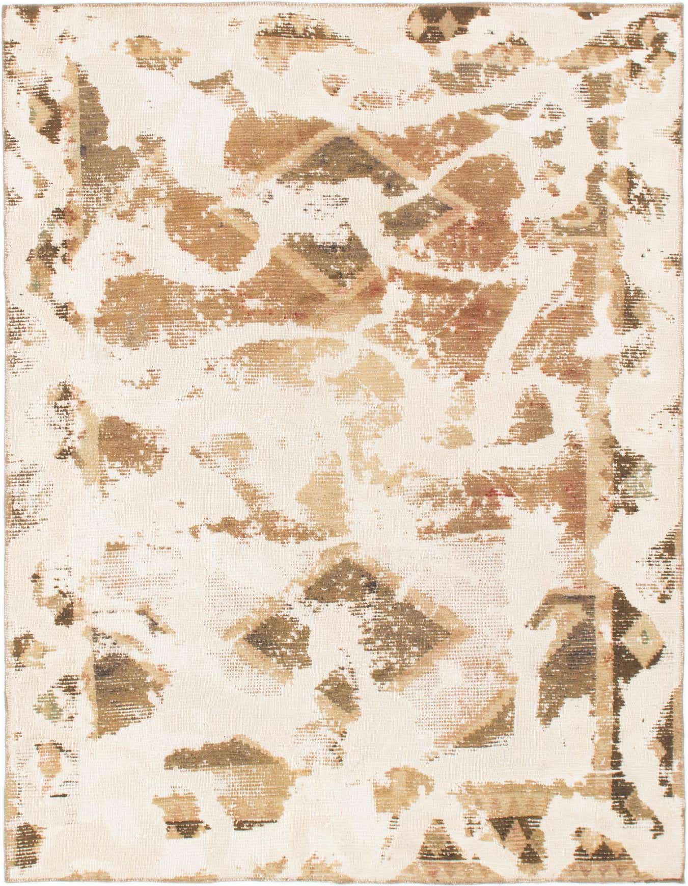A 6x9 rectangular ivory wool rug with a distressed abstract Persian pattern in shades of cream and brown.