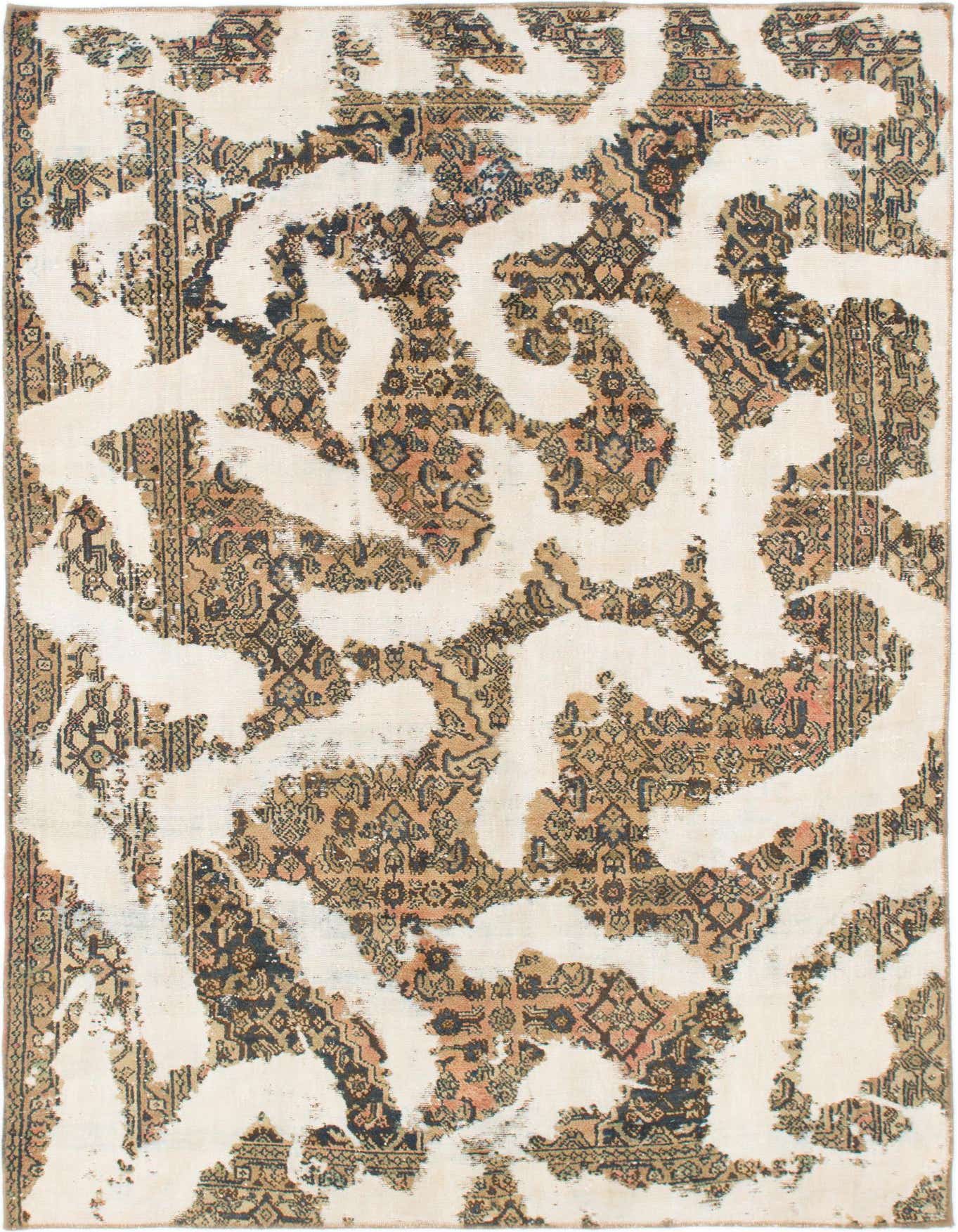 A 6x9 rectangular ivory and brown Persian-style rug with an abstract, distressed pattern, suitable for a living room.
