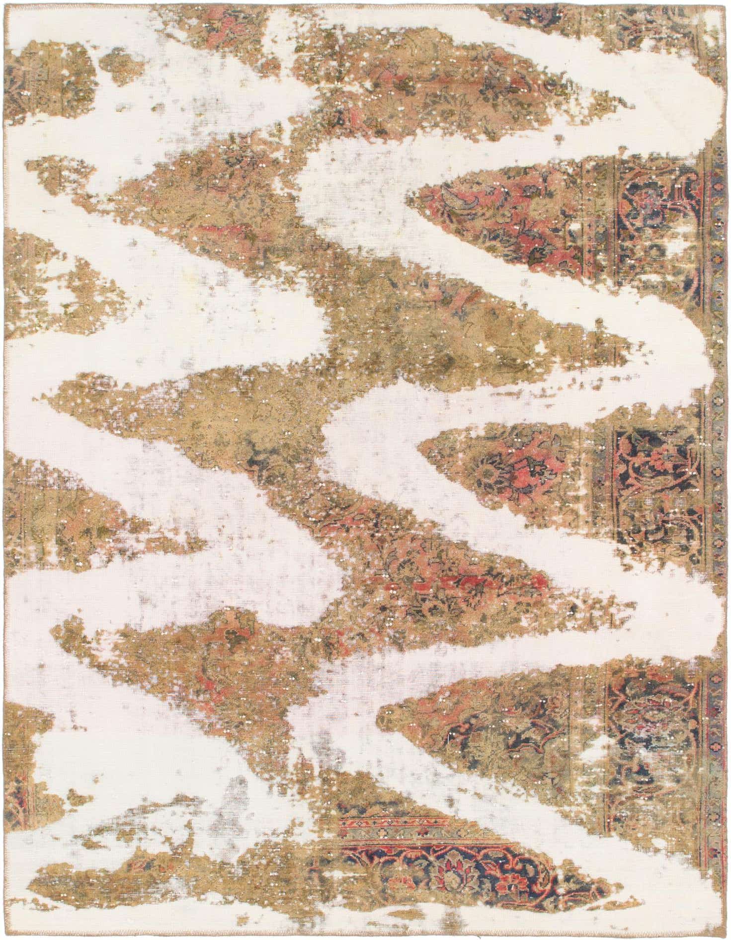 A 6x9 rectangular ivory and multi-colored wool rug with a distressed abstract pattern over a traditional Persian design.
