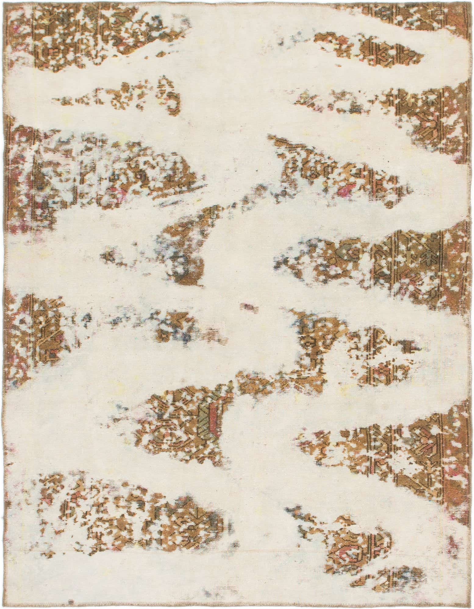 A 5x8 rectangular ivory and cream wool rug with an abstract, distressed Persian pattern, ideal for a living room.