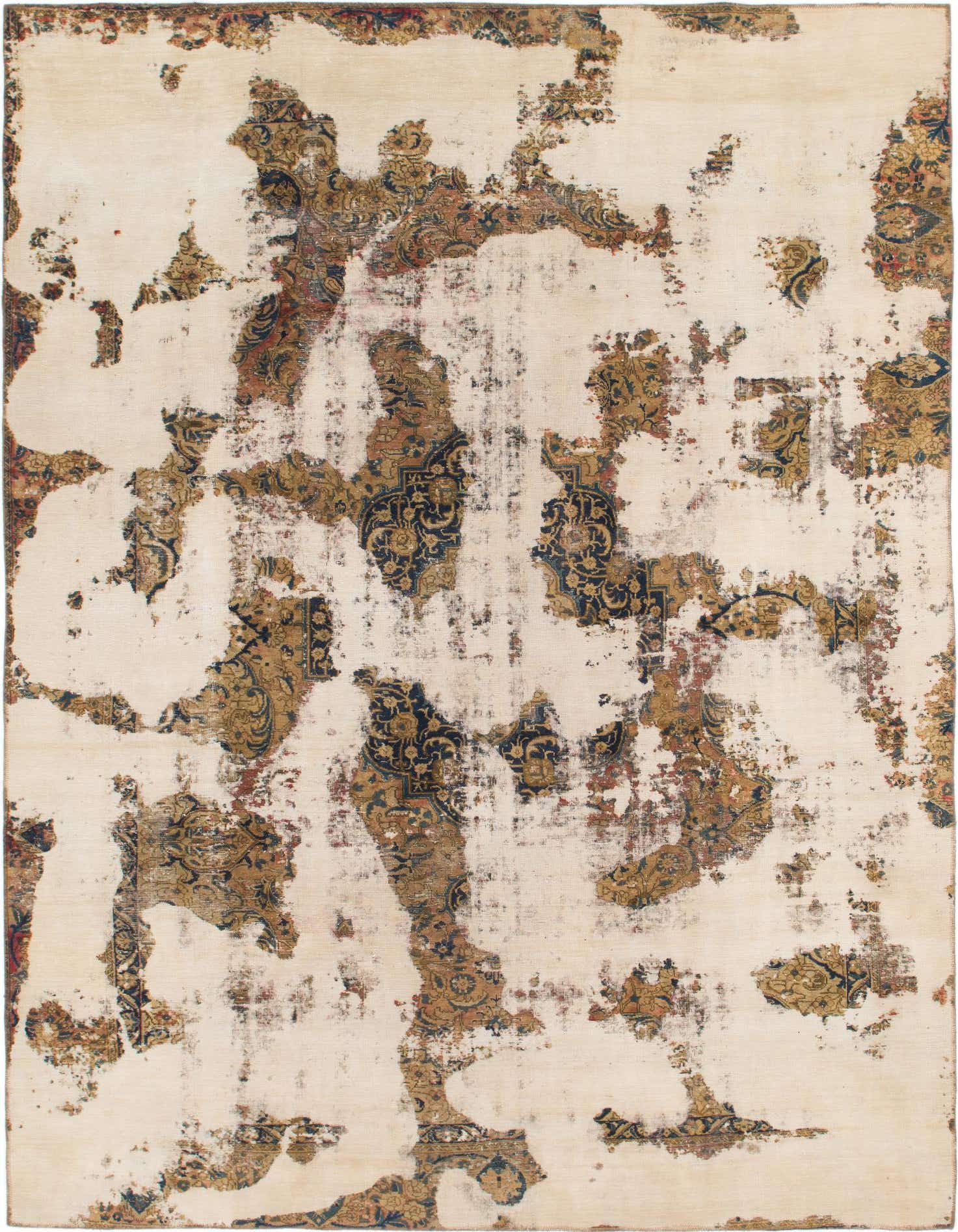 A 9x12 rectangular ivory wool rug featuring a distressed, abstract pattern with faded gold, navy, and rust Persian motifs.