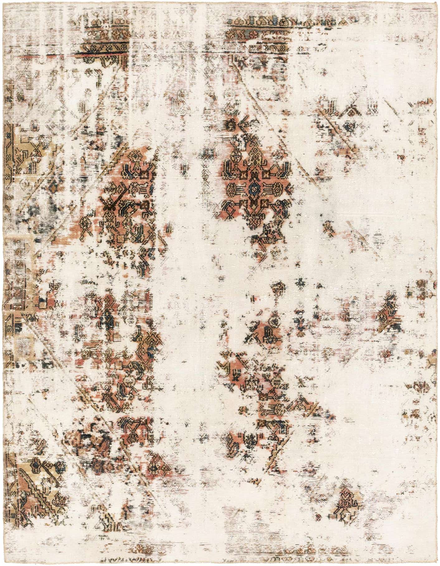 A 6x9 rectangular ivory wool rug with a distressed Persian pattern in subtle creams, browns, and hints of blue.