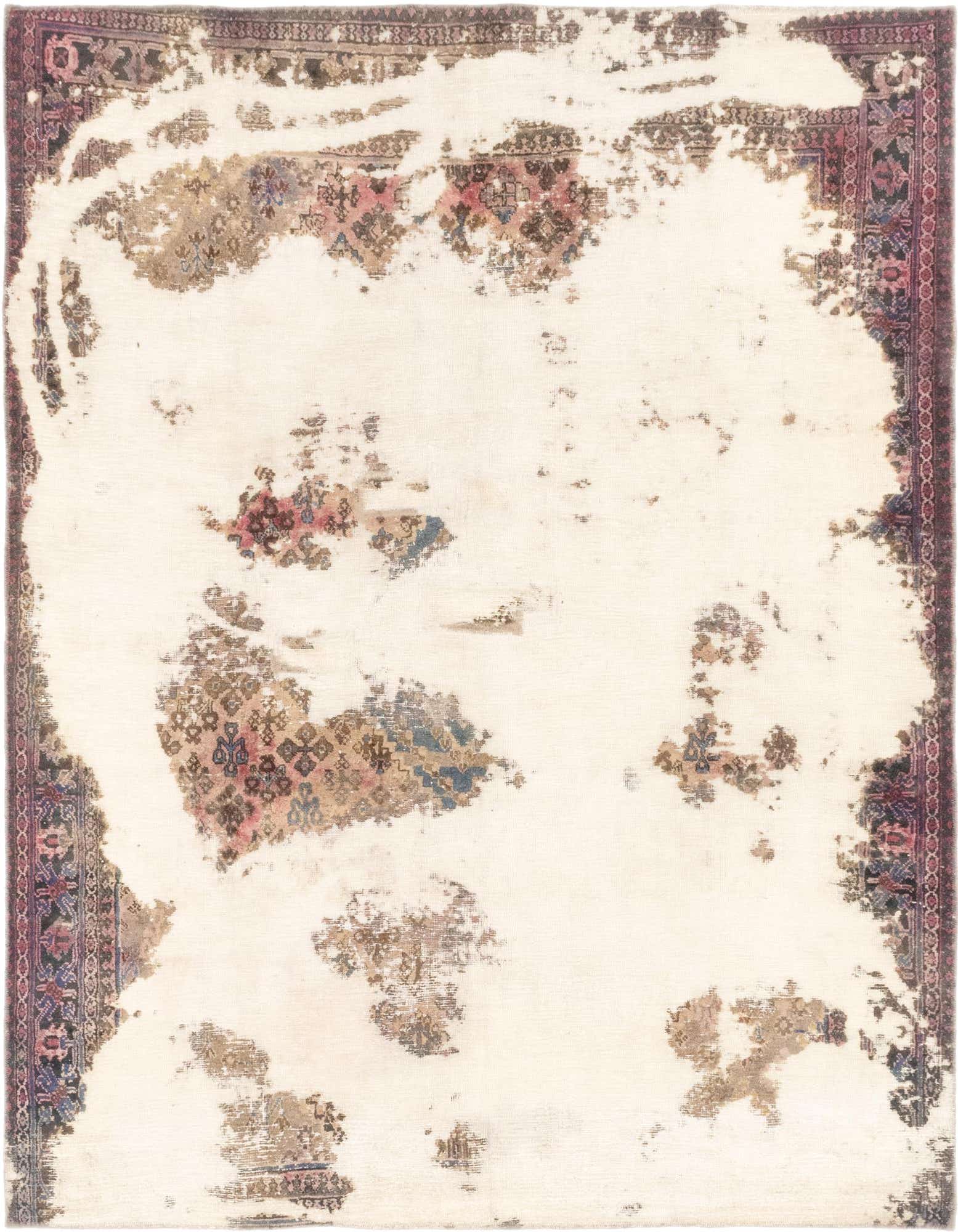 A 7x10 rectangular Ultra Vintage rug with an ivory field and distressed Persian patterns in muted pinks, blues, and browns.