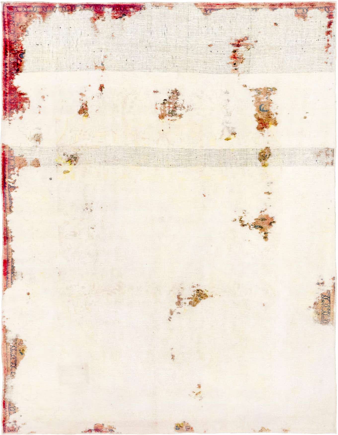 A 7x10 rectangular Ultra Vintage rug in ivories and creams with distressed Persian patterns and red accents.