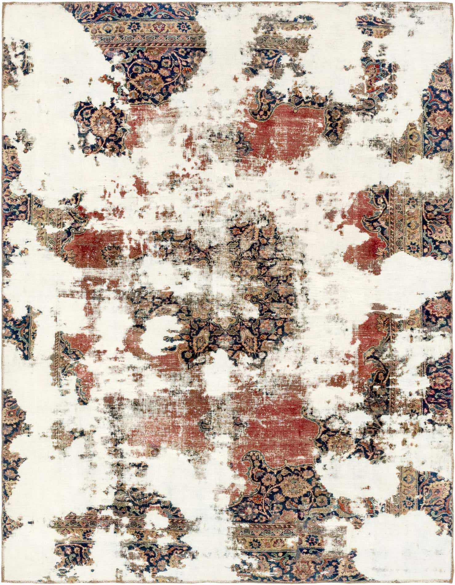 7x10 rectangular Rugs.com Ultra Vintage rug with distressed ivory, cream, and red Persian patterns.