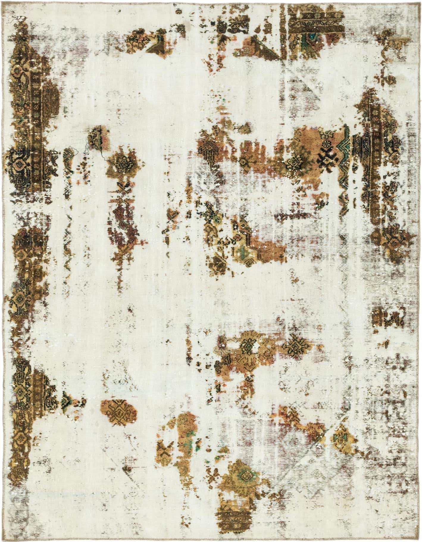 A 6x9 rectangular Ultra Vintage rug featuring an abstract, distressed Persian pattern in ivories, creams, and earthy tones.