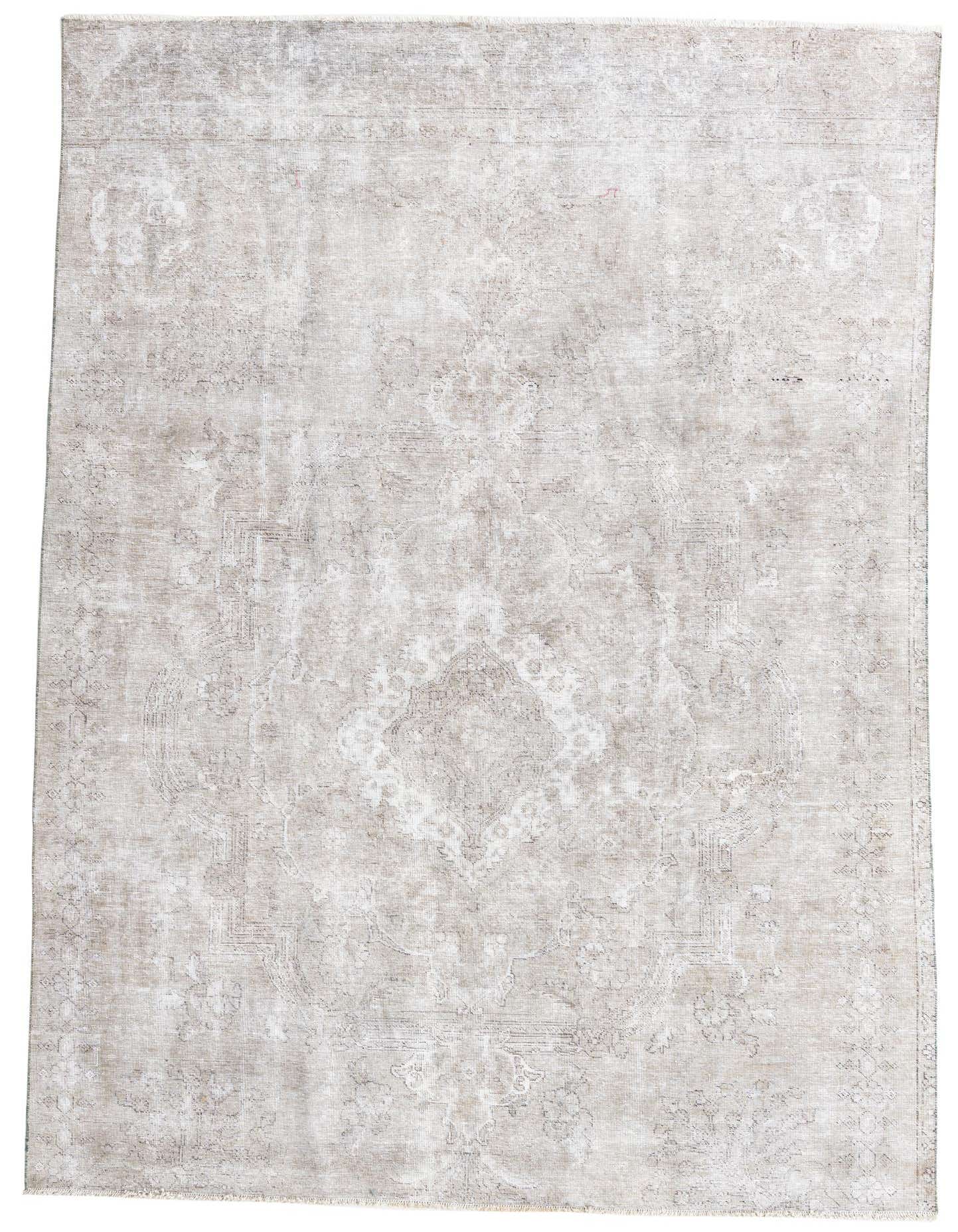 A 7x10 rectangular ivory and cream wool rug with a faded Persian medallion pattern, suitable for a living room.