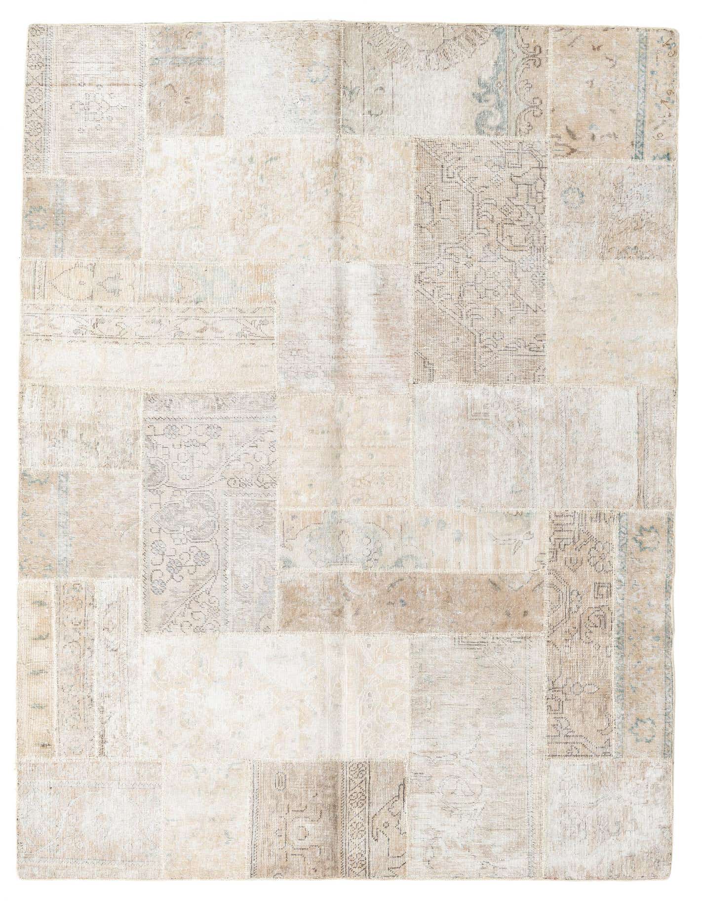 A 5x8 rectangular Ultra Vintage rug by Rugs.com, featuring a patchwork of ivory and cream wool panels with subtle Persian and abstract patterns.