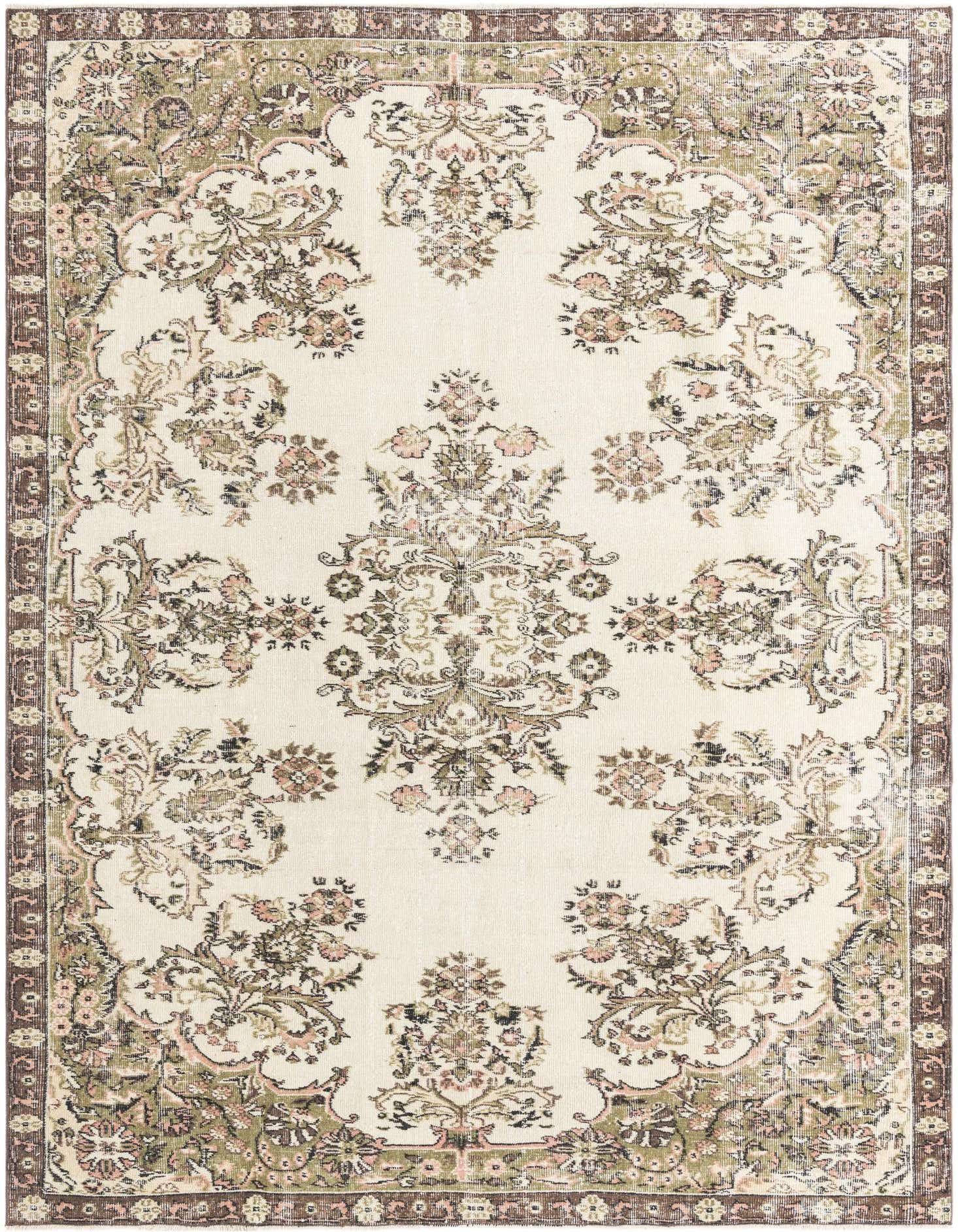 A 6x9 rectangular ivory and cream wool rug with a distressed Persian floral pattern and a dark brown border, suitable for a living room.