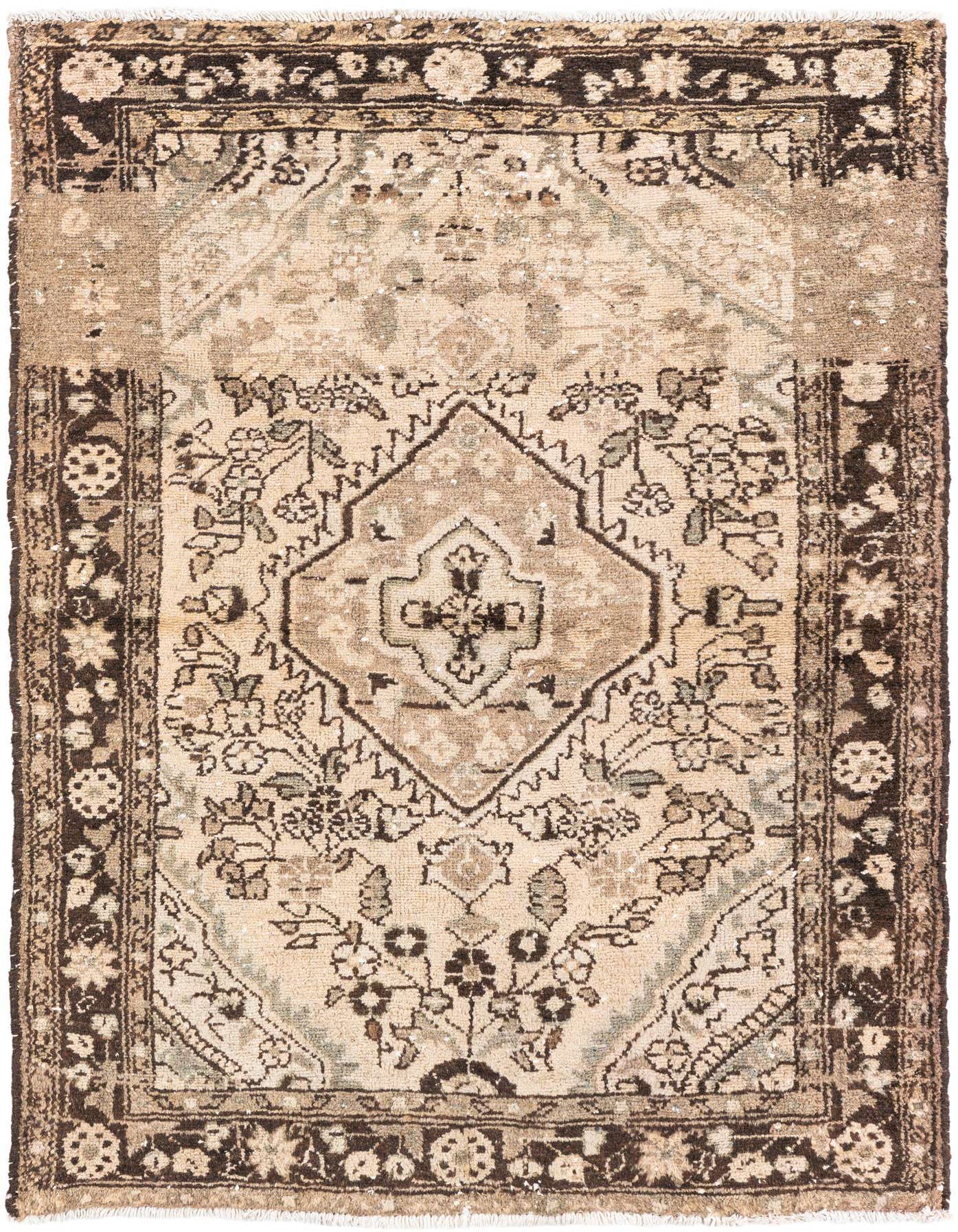 A 3x5 rectangular ivory and brown Persian rug with a central medallion and floral patterns, ideal for an entryway.