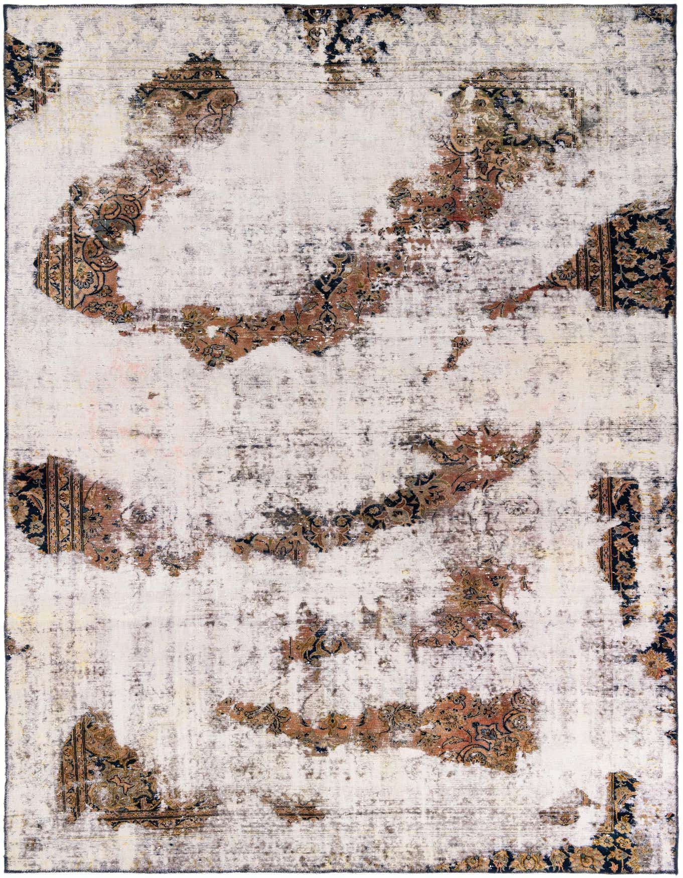 An 8x11 rectangular ivory and cream rug with distressed Persian and Oriental patterns in rust, gold, and dark blue, suitable for a living room.