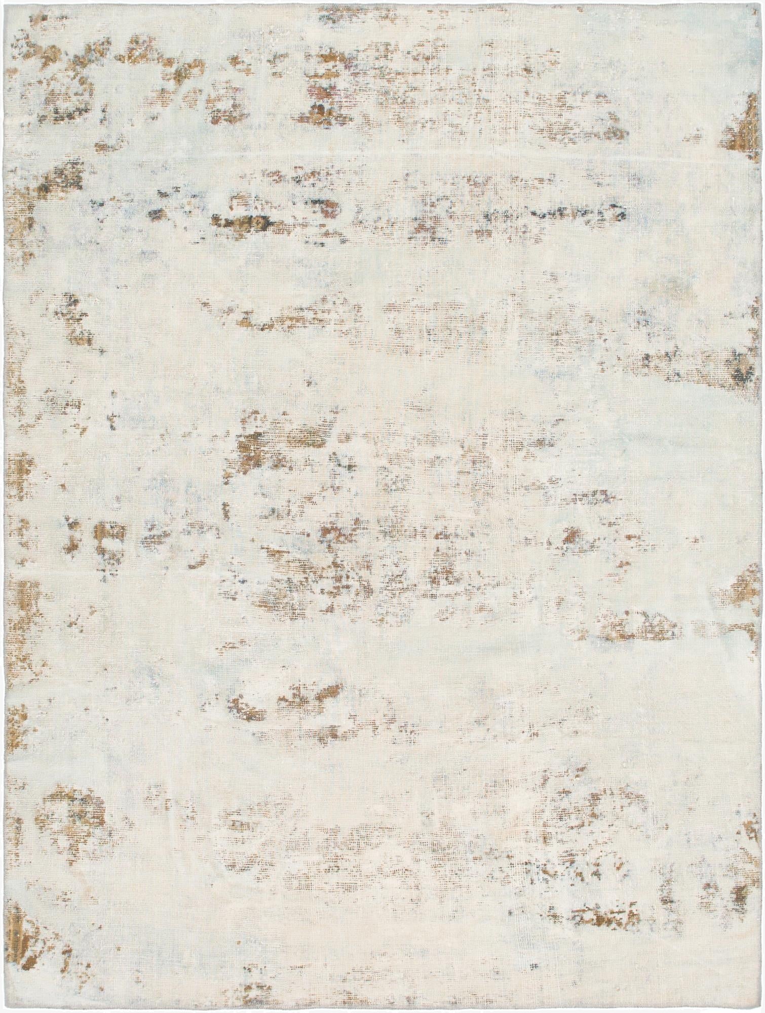 A 6x9 rectangular ivory and cream wool rug with a distressed, abstract vintage Persian pattern, suitable for a living room.