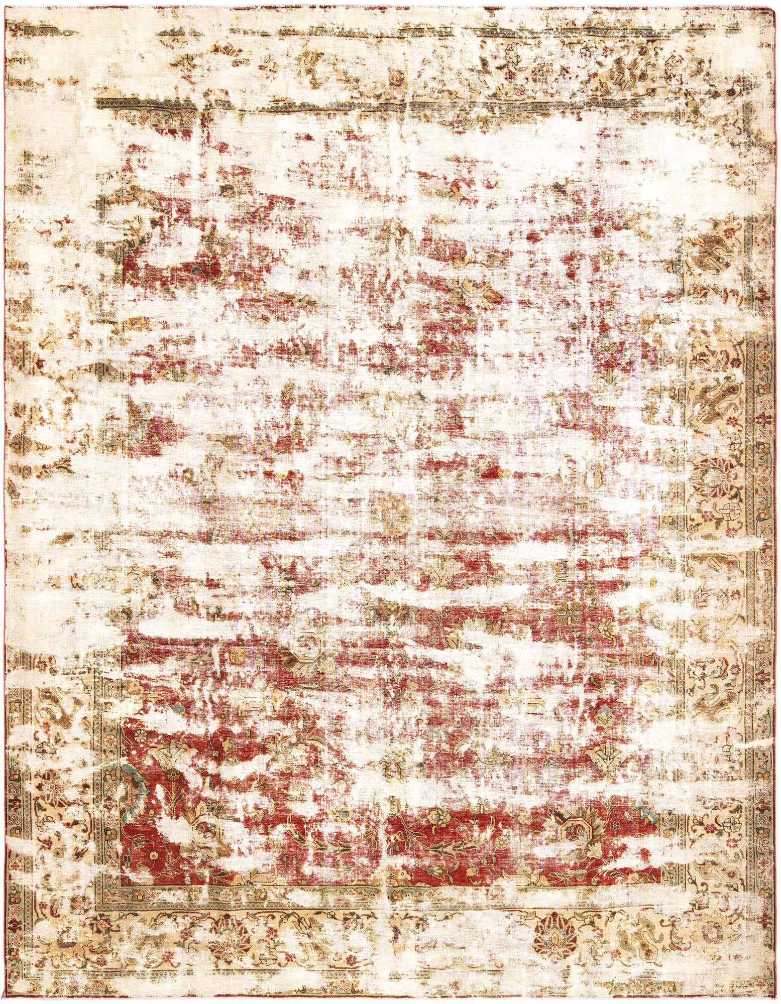 A 10x12 rectangular ivory and cream Persian rug with an intentionally distressed red and gold floral pattern.