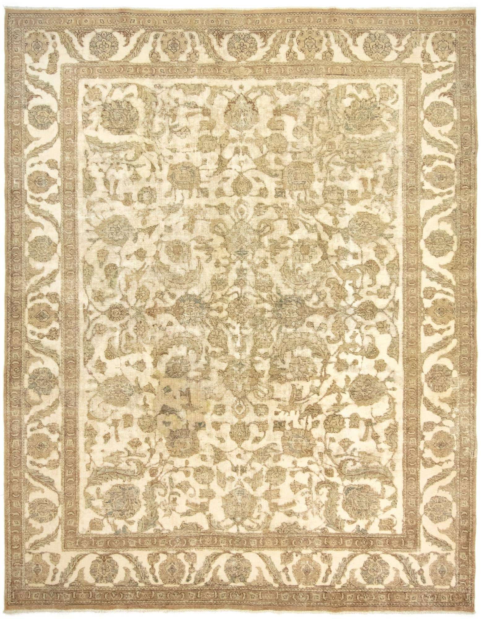 A 10x13 rectangular ivory Persian wool rug with an intricate floral and vine pattern and a detailed border.