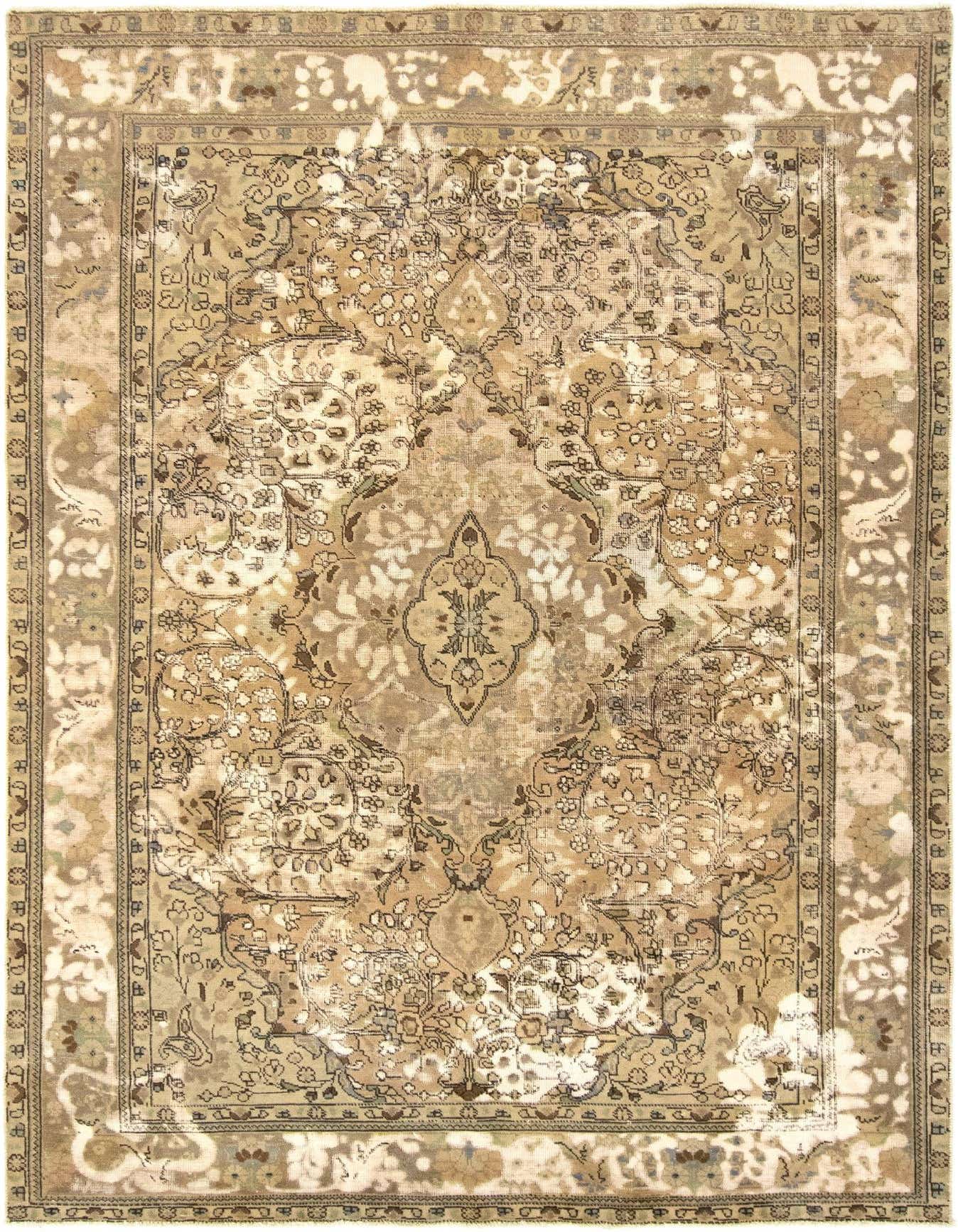 A 6x9 rectangular Rugs.com Vintage Royal Persian rug in ivories and creams, featuring a distressed floral medallion pattern.