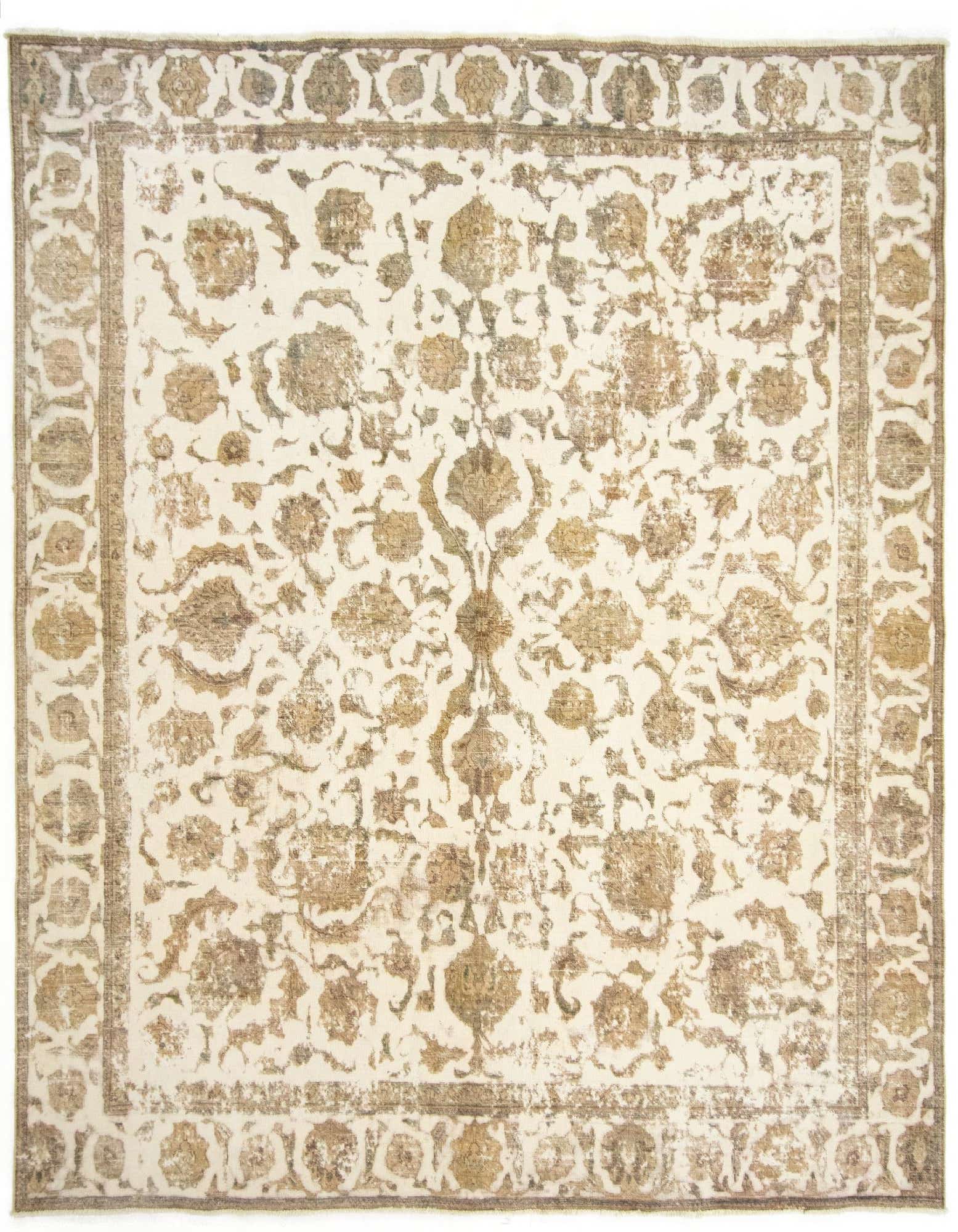 An 8x10 rectangular ivory and cream Persian rug with a distressed floral and medallion pattern, featuring a decorative border.