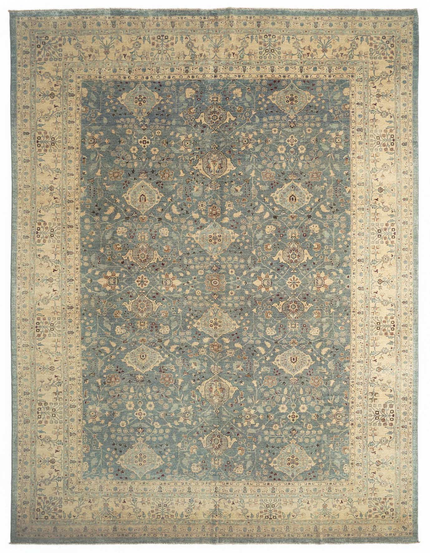 A large 10x14 rectangular Ziegler Persian rug featuring a detailed ivory border and a light blue field with intricate floral and medallion patterns.