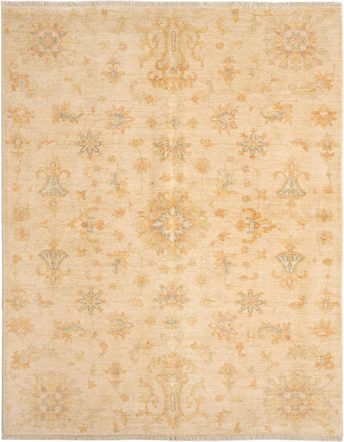 A 5x8 rectangular ivory Persian wool rug with a traditional floral pattern in muted gold and light blue, suitable for a living room.