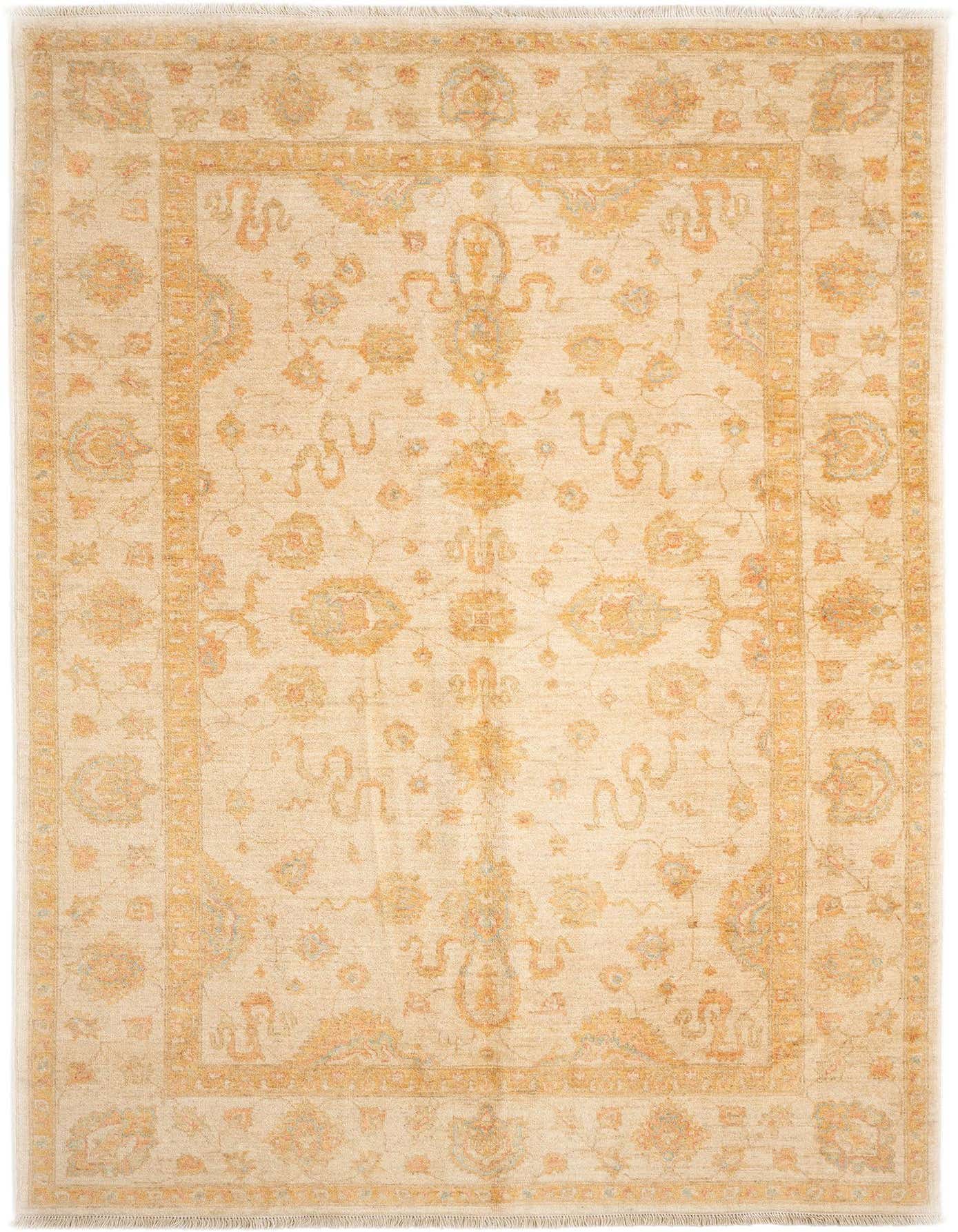 A rectangular 5x8 ivory Persian wool rug with a detailed golden floral border and intricate traditional patterns.
