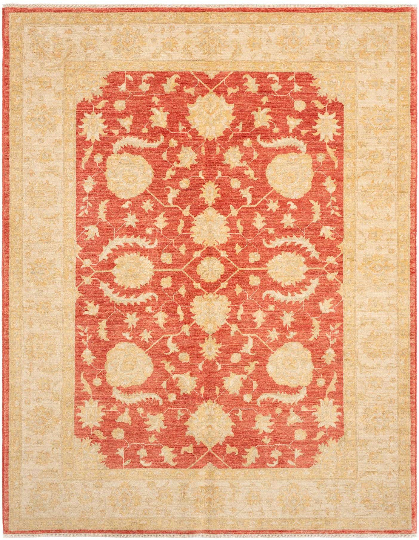 A 5x8 rectangular Ziegler Persian rug with a red field and ivory floral motifs, framed by a wide ivory border with subtle patterns.