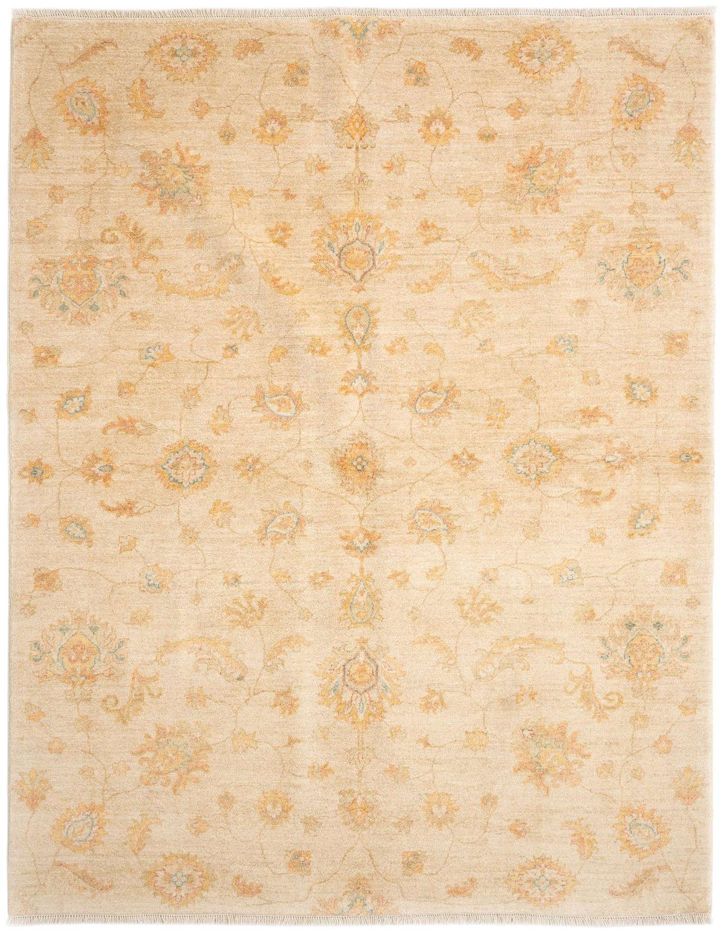 A 5x8 rectangular ivory Persian rug with a medium pile, featuring intricate floral and medallion patterns in subtle cream, gold, and light blue tones.