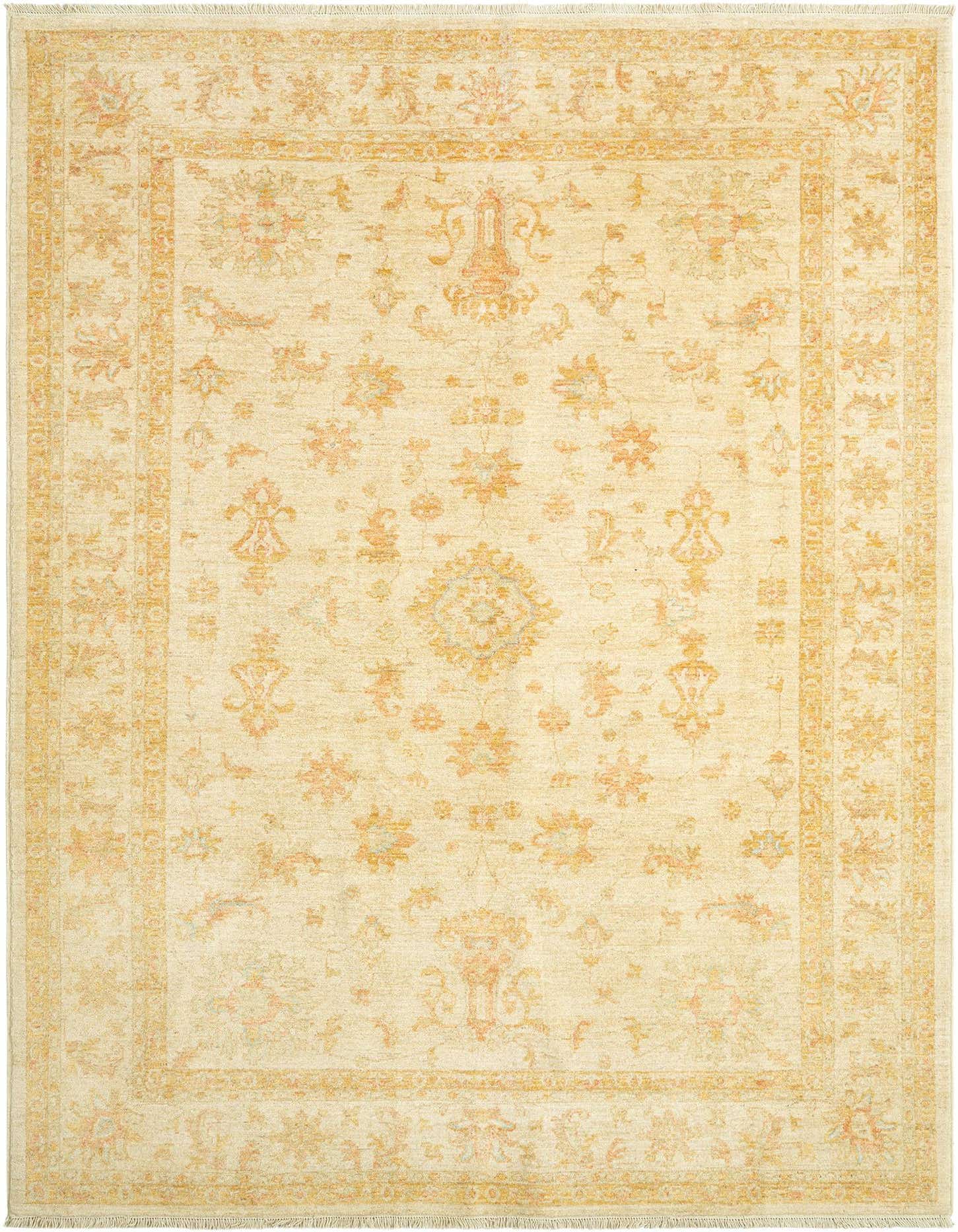 A 7x10 rectangular ivory wool Persian rug with a medium pile, featuring intricate floral and medallion patterns in soft cream and gold tones.