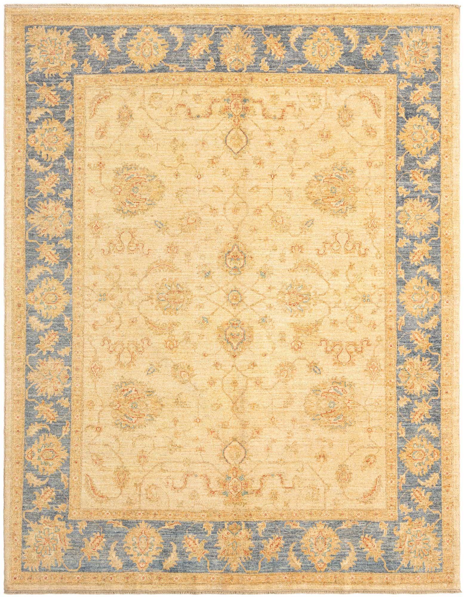 A 6x9 rectangular Ziegler Persian rug in ivory and cream with a detailed blue and gold floral border, suitable for a living room.